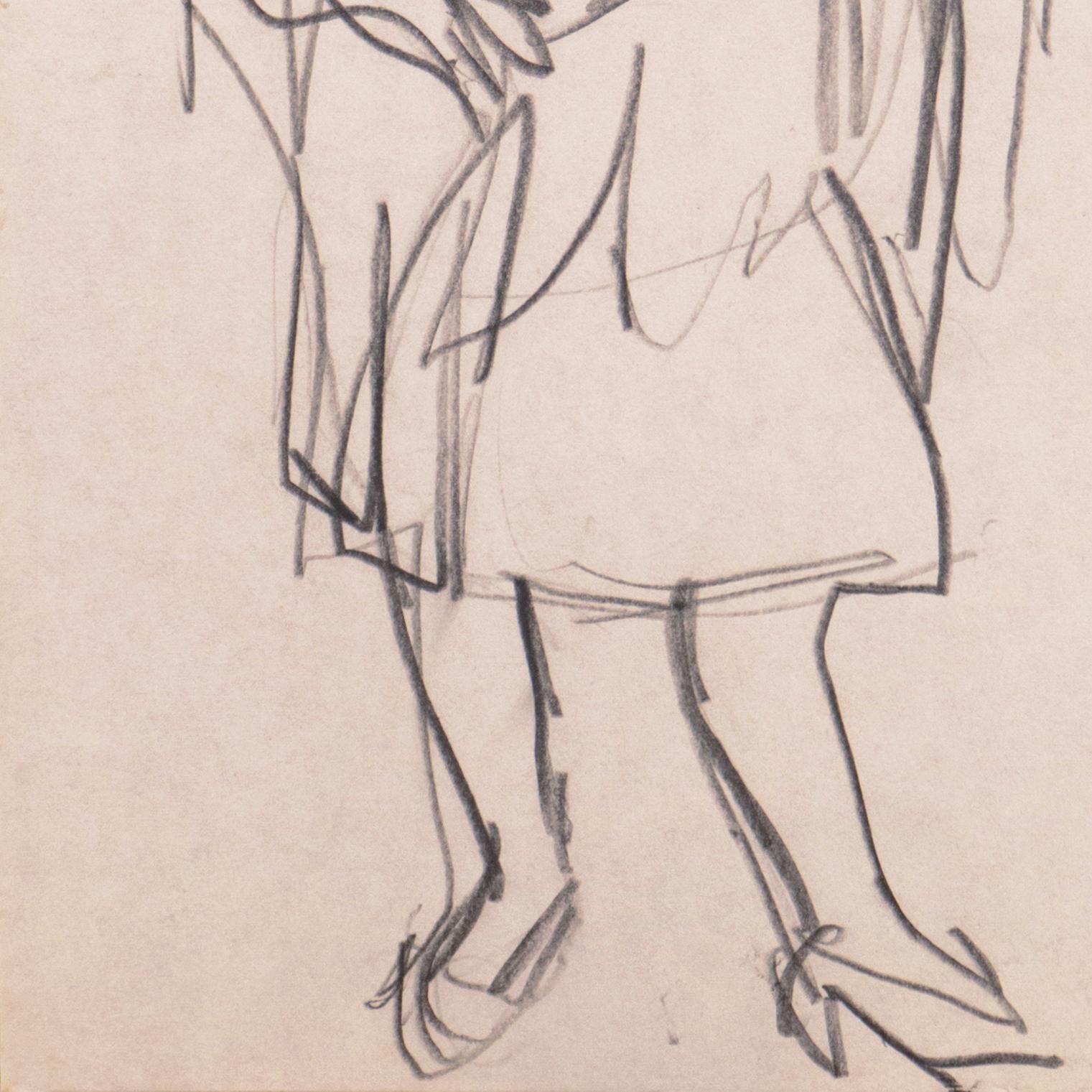 Verso gestempelt mit dem Nachlassstempel von Victor Di Gesu (Amerikaner, 1914-1988), geschaffen um 1950.

Eine dynamische und lockere Figur, die eine Frau im Kontrapost zeigt, die in einen Schal gehüllt ist und kurze Pumps trägt. 

Victor di Gesu,