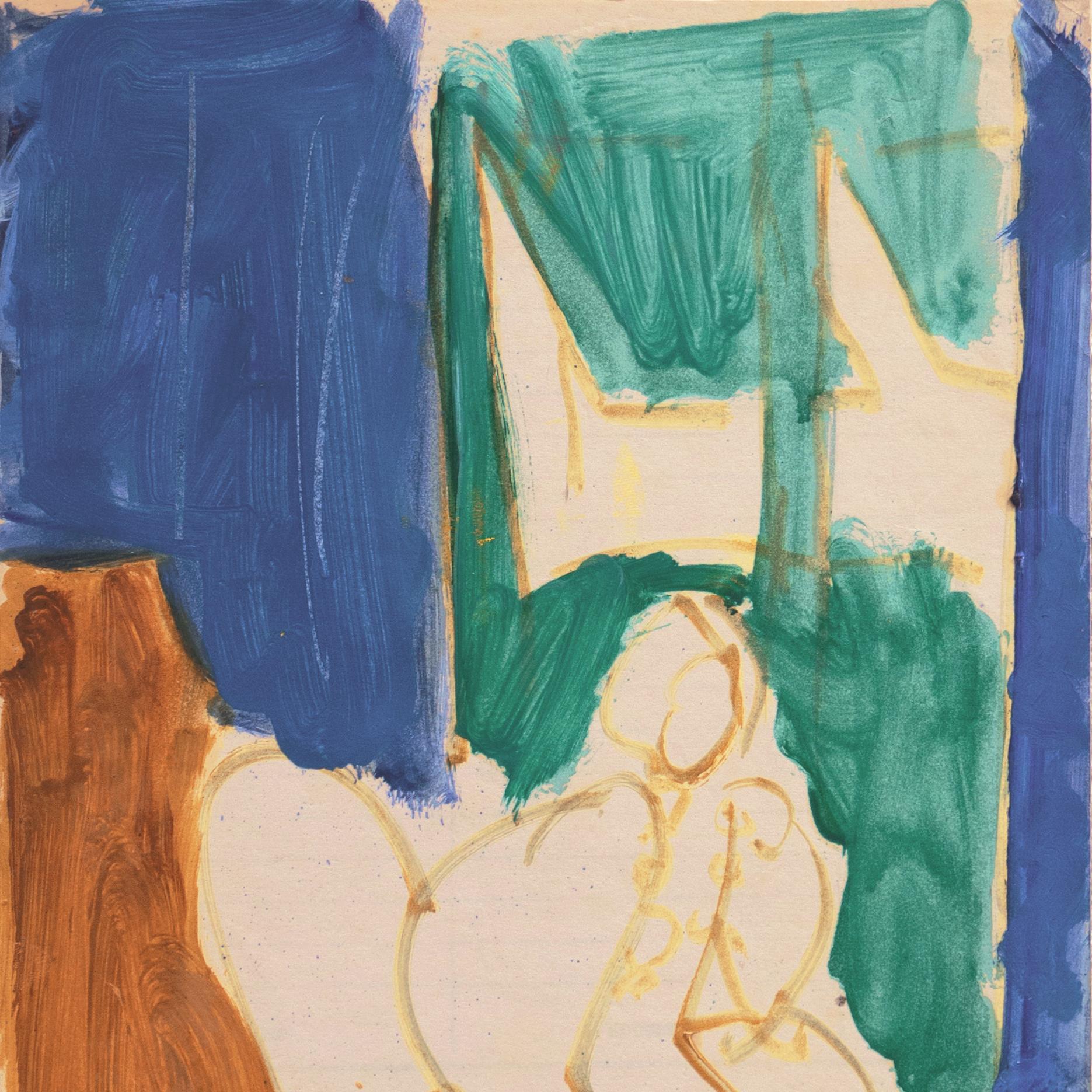 Stamped, verso, with estate stamp for Victor Di Gesu (American, 1914-1988) and created circa 1950.

A loose study of a woman seated in a dress, resting her chin on her hand and reclining on a sofa. The use of ochre, blue, and teal emphasize the