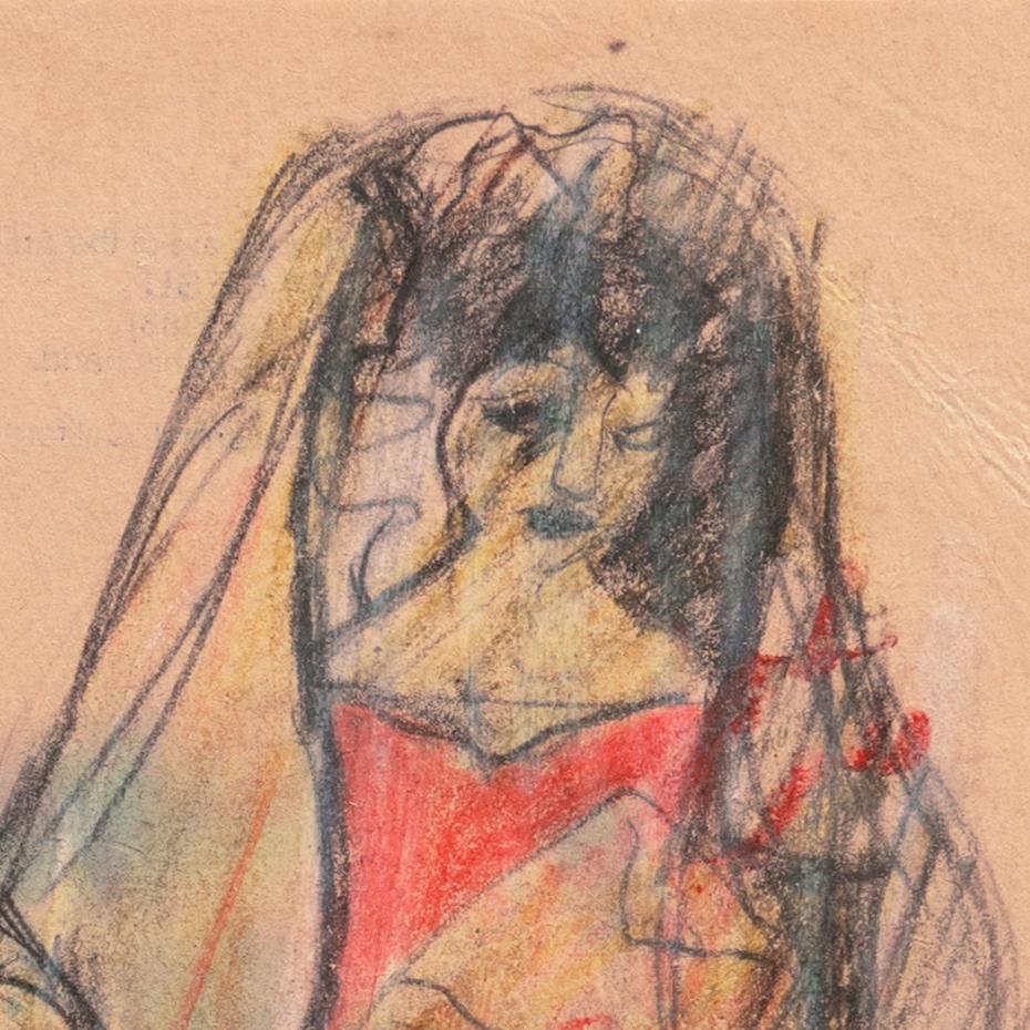 Stamped, verso, with estate stamp for Victor Di Gesu (American, 1914-1988) and created circa 1950.

An expressive sketch of a woman wearing a scarlet flamenco dress and a mantilla and holding a folding fan. 

Winner of the Prix Othon Friesz, Victor