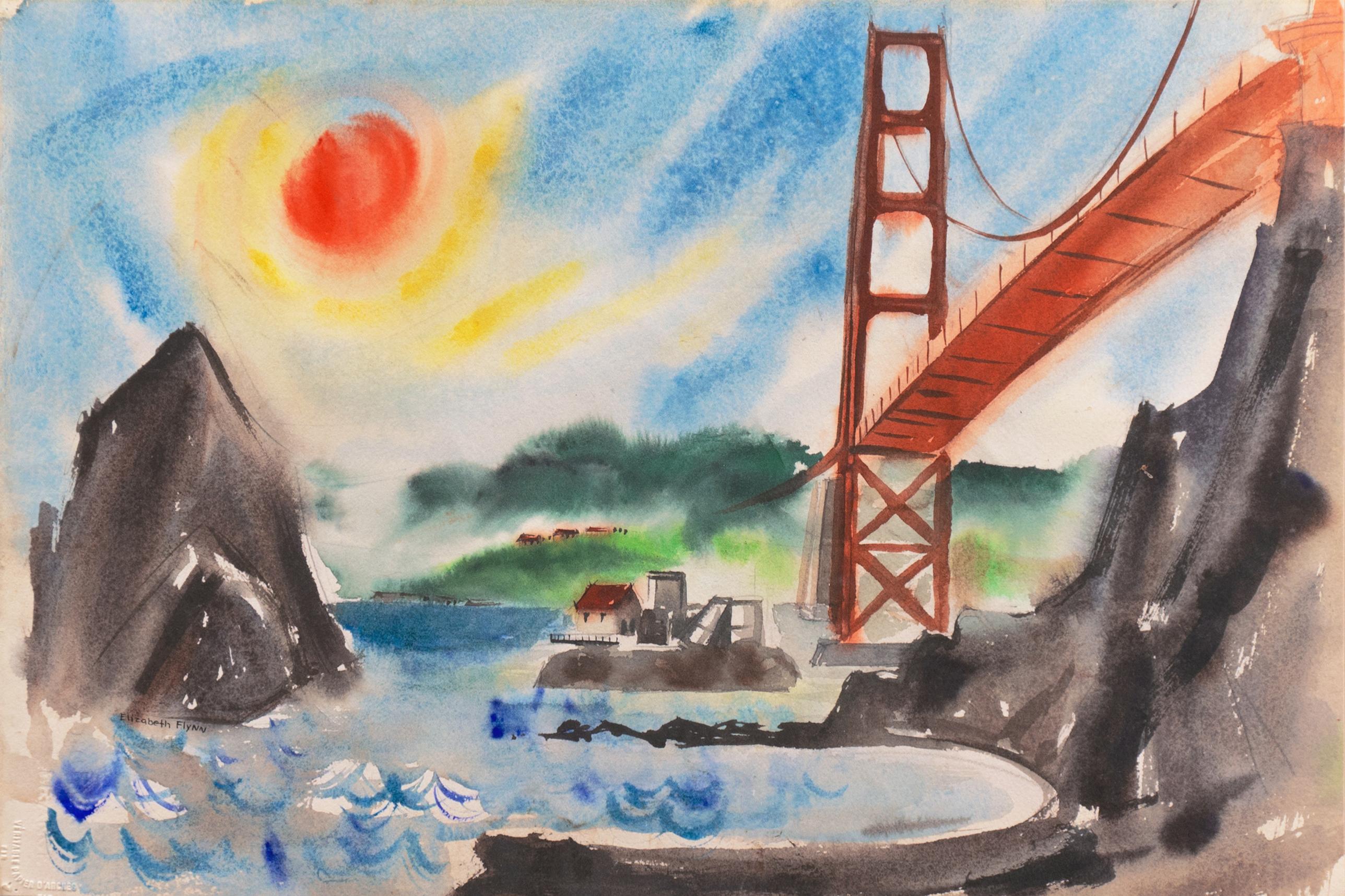 Elizabeth Flynn Landscape Art - 'Golden Gate Bridge from Sausalito', Marin, Mid-century Modernist Watercolor 