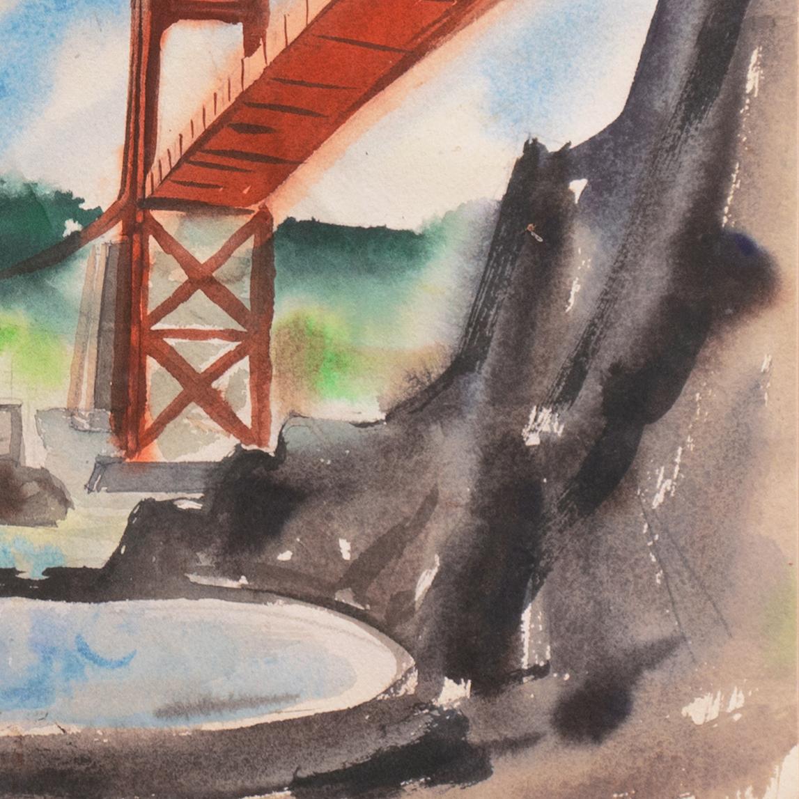„Goldene Torbogenbrücke von Sausalito“, Marin, Aquarell der Moderne der Mitte des Jahrhunderts  im Angebot 3