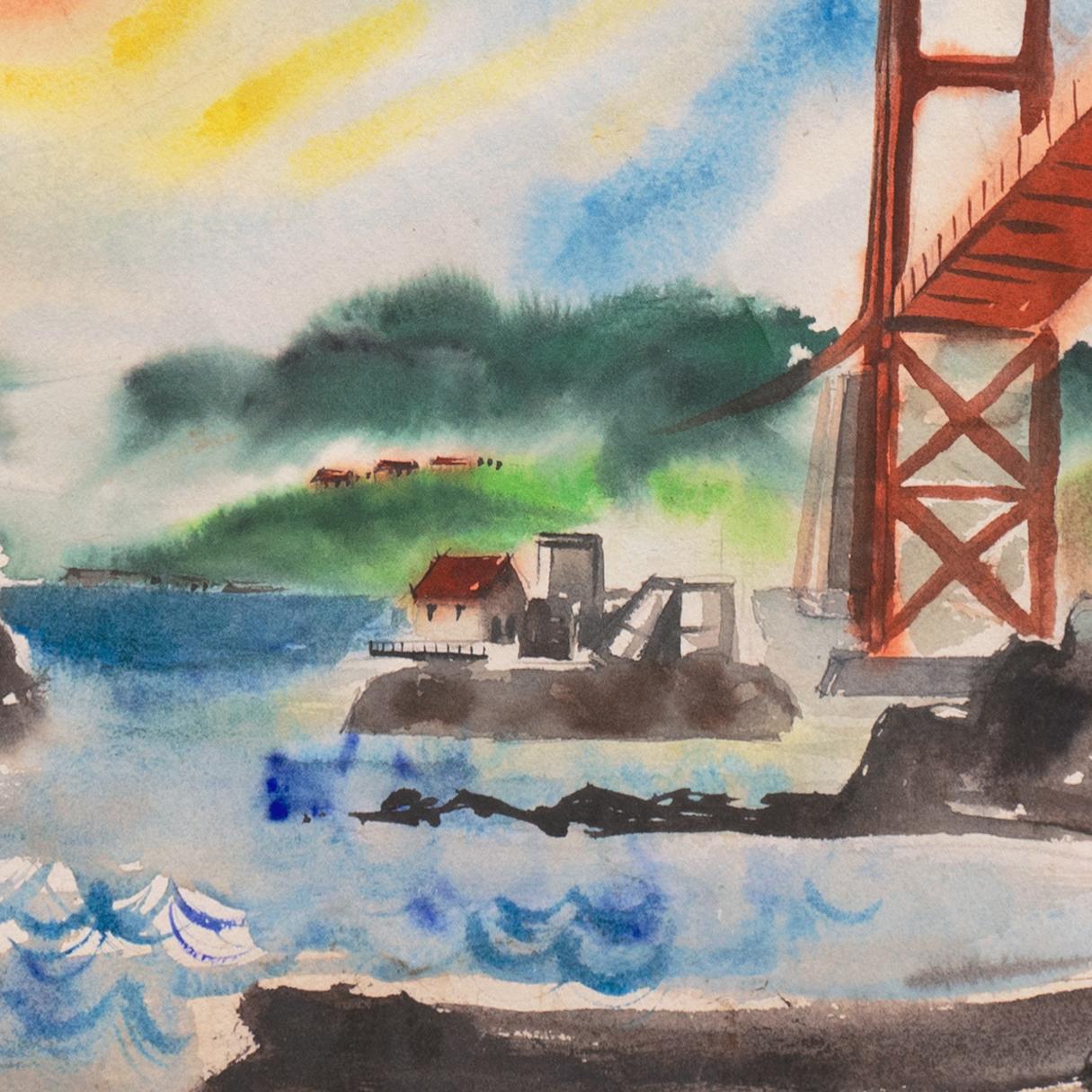 Signed lower left, 'Elizabeth Flynn' (American, 20th century) and painted circa 1965.

A sunny, modernist view of California's Golden Gate Bridge viewed from Sausalito's Lime Point Lighthouse and painted with bravura brushwork by this mid-century,