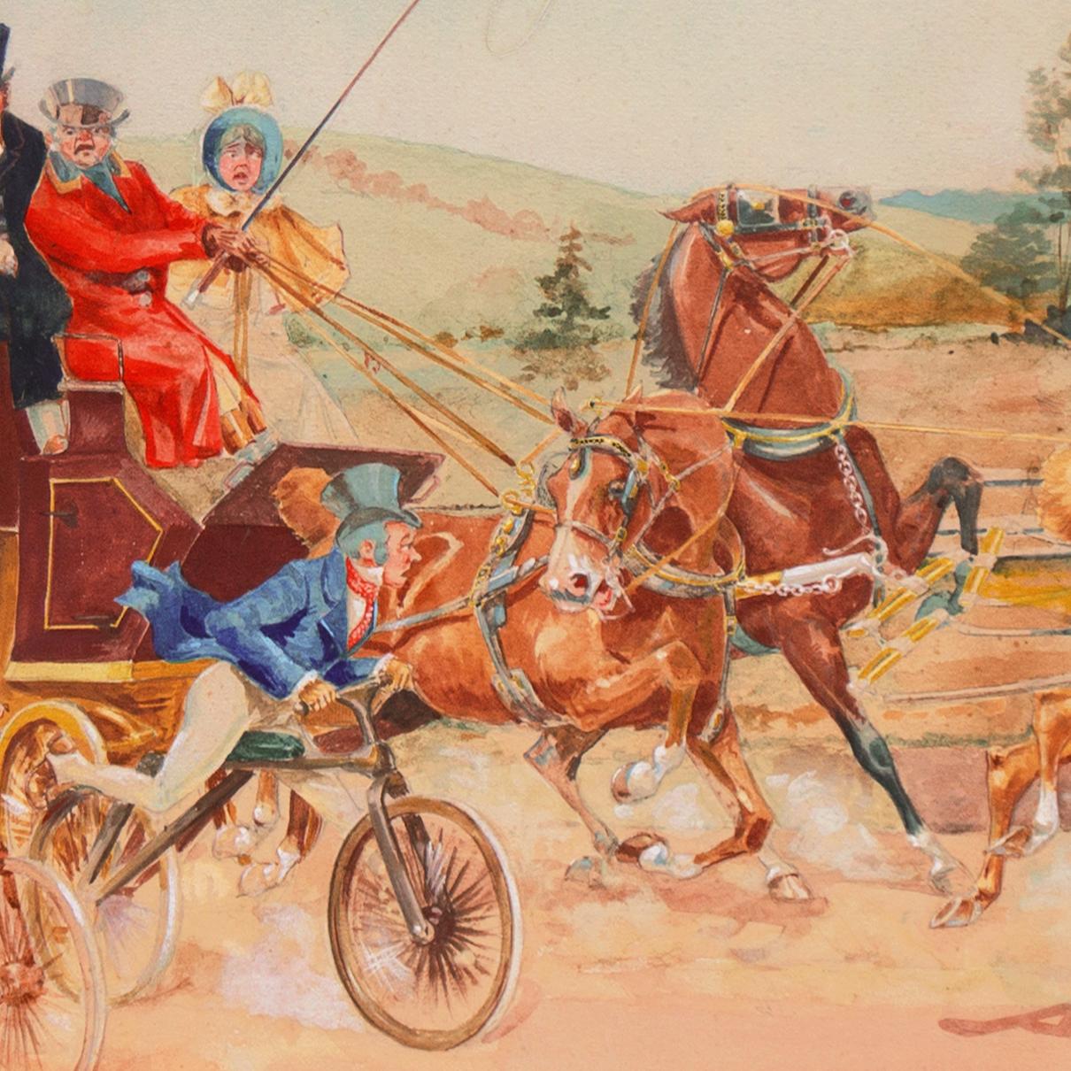 Signed lower right, 'George H Harrington' (American, 1833-1911) and painted circa 1900.

A substantial and animated coaching scene enlivened by the artist's acute and humorous observation of character and fine equestrian painting.

Born in