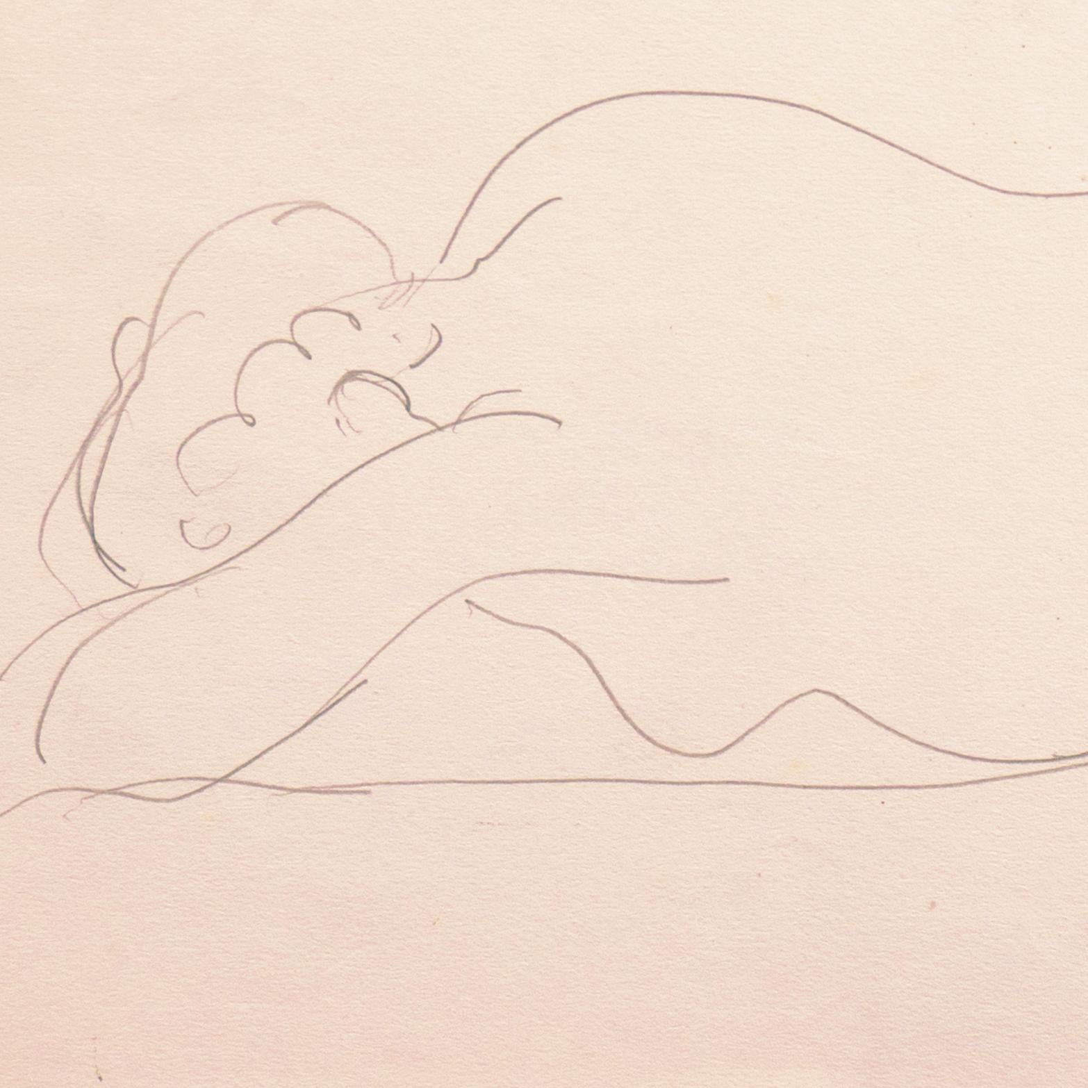 Stamped, verso, with estate stamp for Victor Di Gesu (American, 1914-1988) and created circa 1950.

A figural line drawing of a woman reclining on her side and with her back to the viewer. A loose and expressive work by this avant-garde California