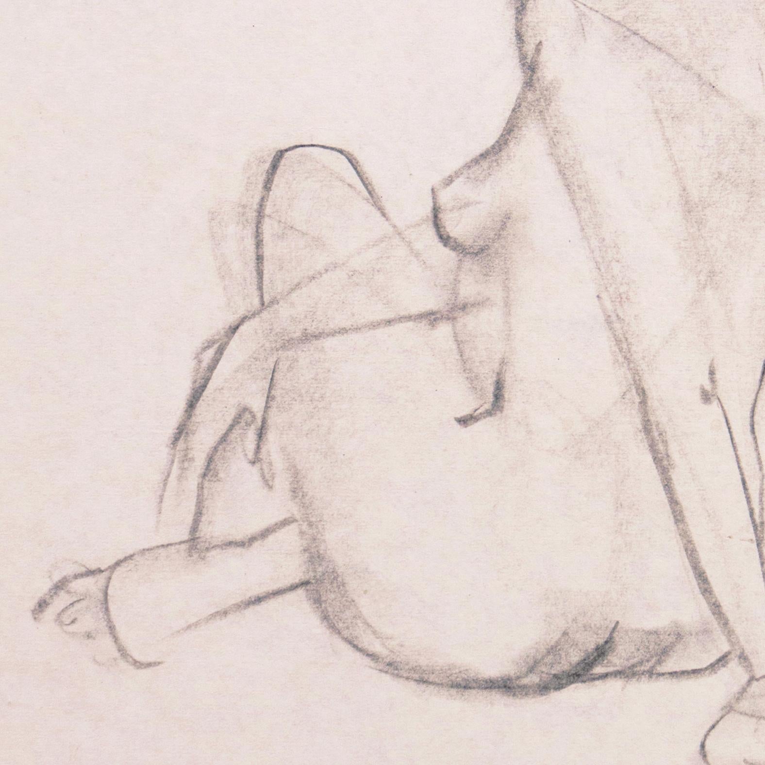 A graphite study of a young woman seated, shown contrapposto with her hair drawn back and gazing to her left.  Michael Decker (American, 20th century) circa 1975 and stamped, verso, with certification of authenticity.
