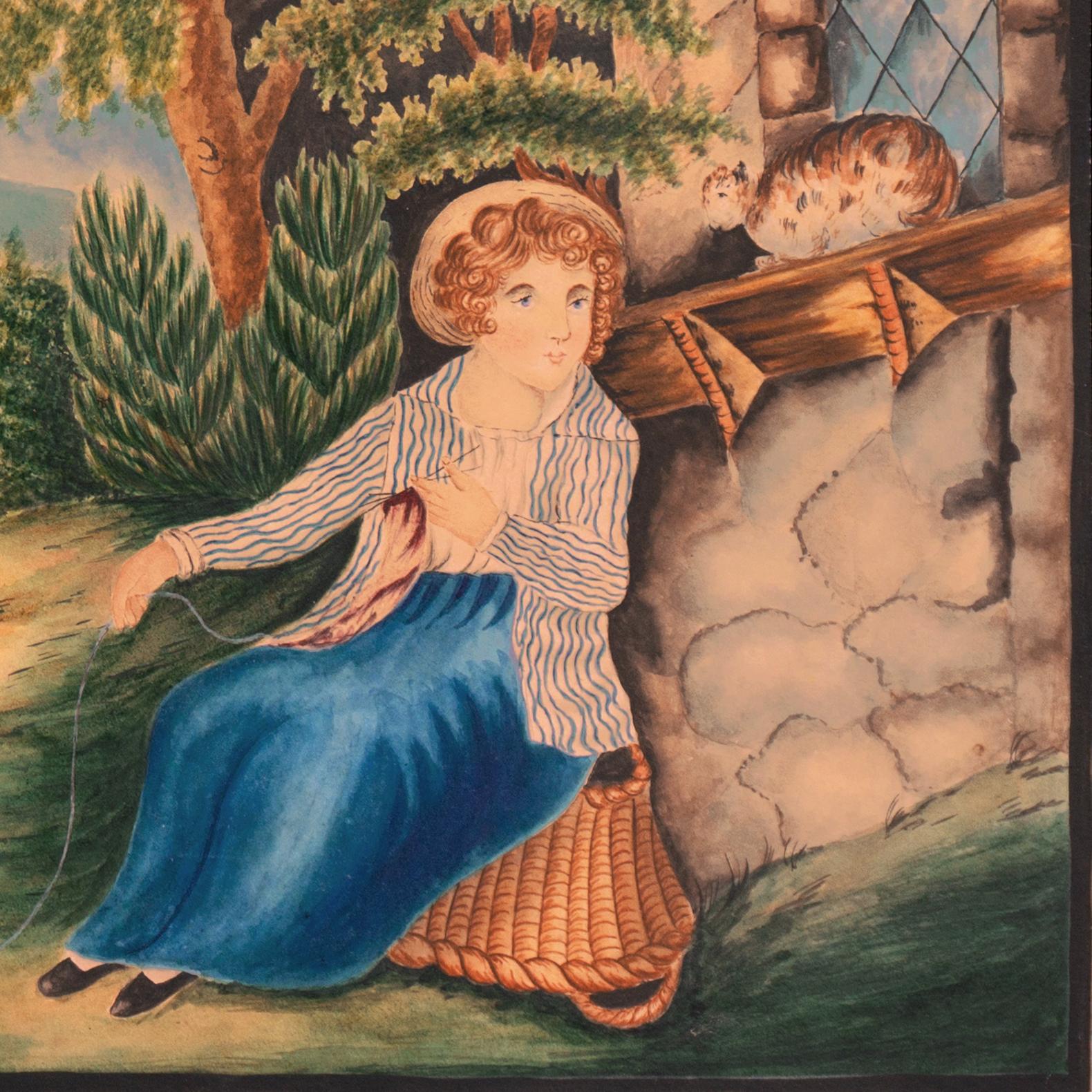 Watercolor and gouache on paper, American School painted circa 1830, Unsigned.

An idyllic view of Early American frontier life showing a peaceful scene of a young woman knitting and seated, with a tabby cat, beside a solid, stone-built cabin and a