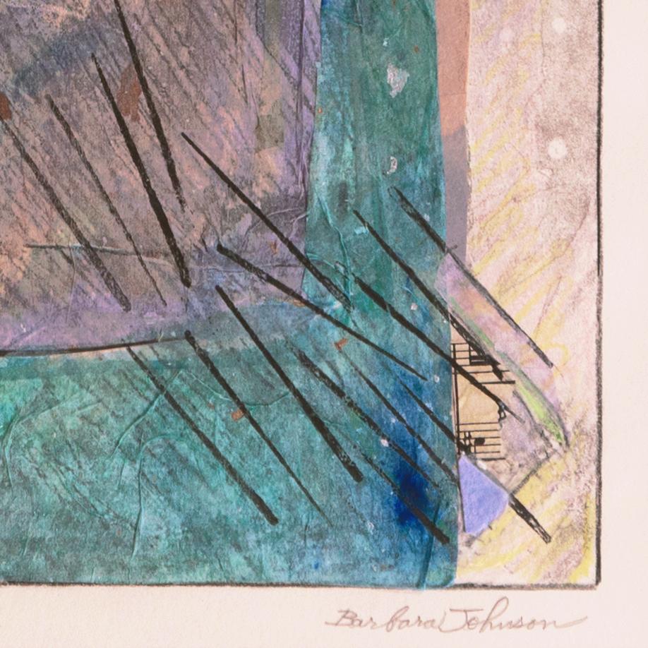 Signed lower right, 'Barbara Johnson' (American, 1927-2021) and titled, lower left, 'Oberon Series 1'.
Exhibited: Carmel Art Association, circa 1995 (accompanied by original label)

Abstract painter and printmaker, Barbara Johnson was born and