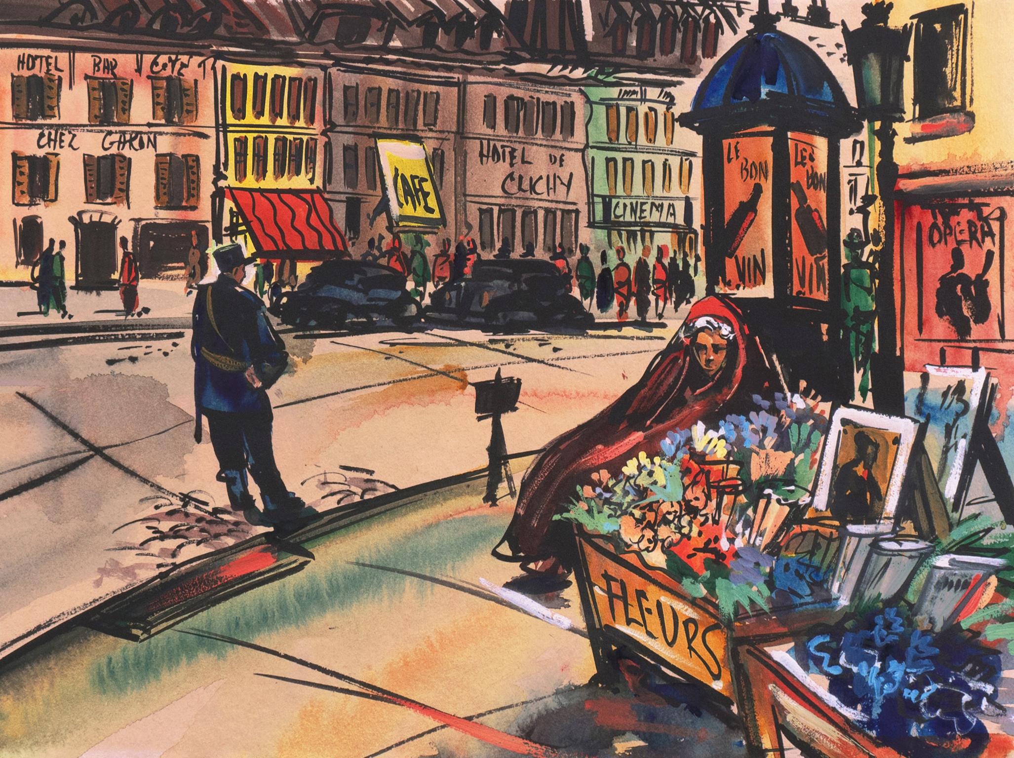20th Century French School Landscape Art - 'Flower Seller in Clichy', Parisian Street vendor, French Post Impressionist