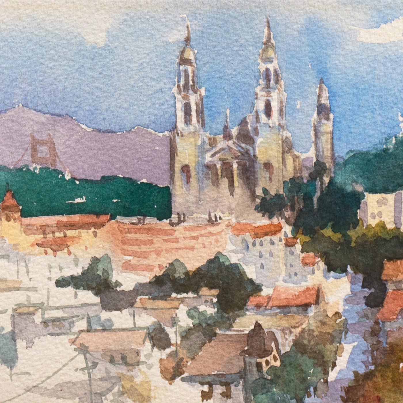 Signée en bas à droite, 'Pamela Della S.W.A' ( Américaine, 20ème siècle), titrée, 'From Buena Vista Park' et peinte vers 1985.

Esquisse picturale post-impressionniste de l'église St. Ignatius de San Francisco vue depuis le parc Buena Vista, sous un