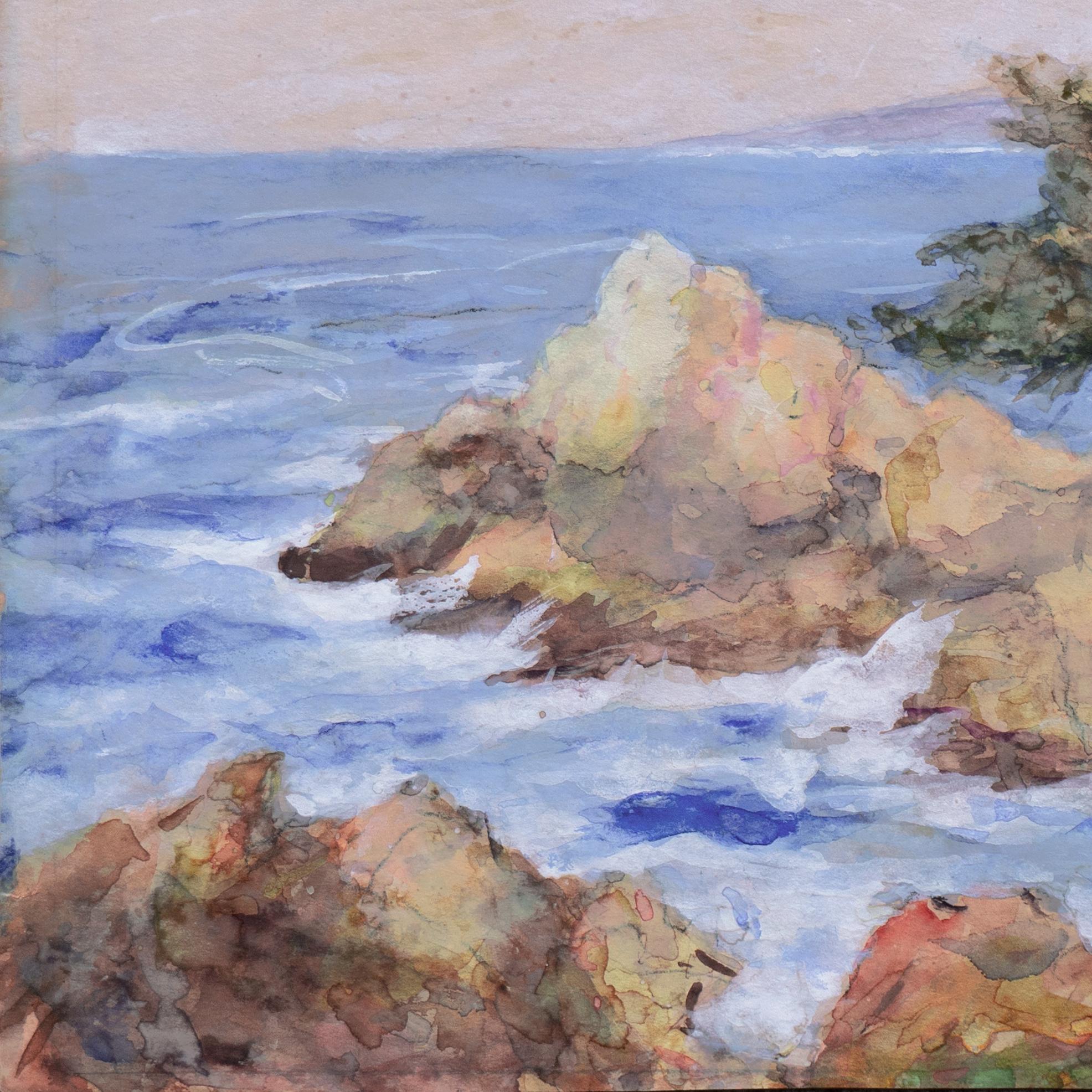 Une vue fraîche et aérée de la très appréciée Pinnacle Point à Monterey, peinte avec la fraîcheur et la vigueur caractéristiques de l'artiste et datant des années 1920. Initialisé en bas à droite, 'G. S.' pour George Gardner Symons (américain,