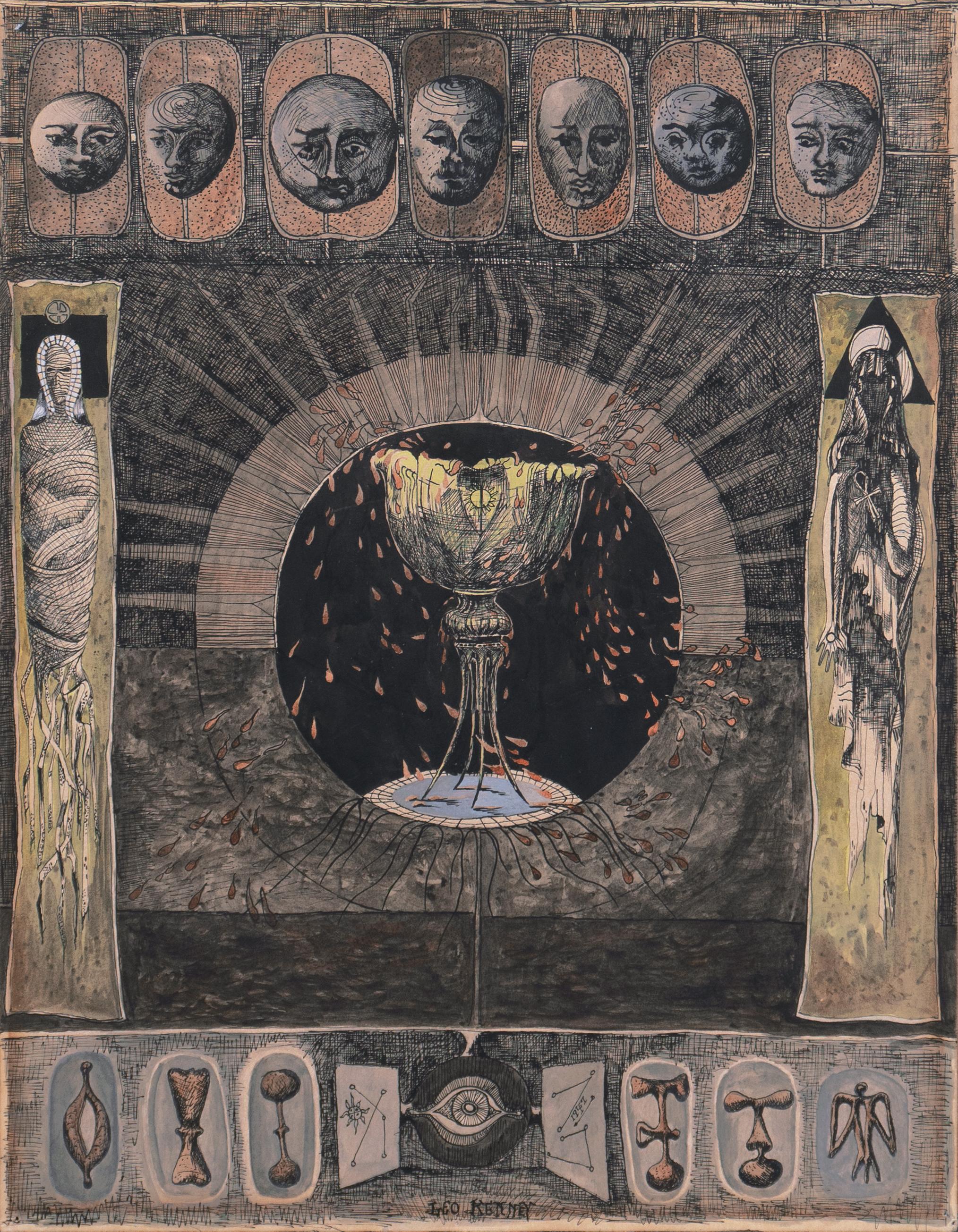 Leo Kenney Abstract Drawing - 'The Holy Grail', Last Supper, Egyptian Iconography, Seattle Art Museum, Surreal