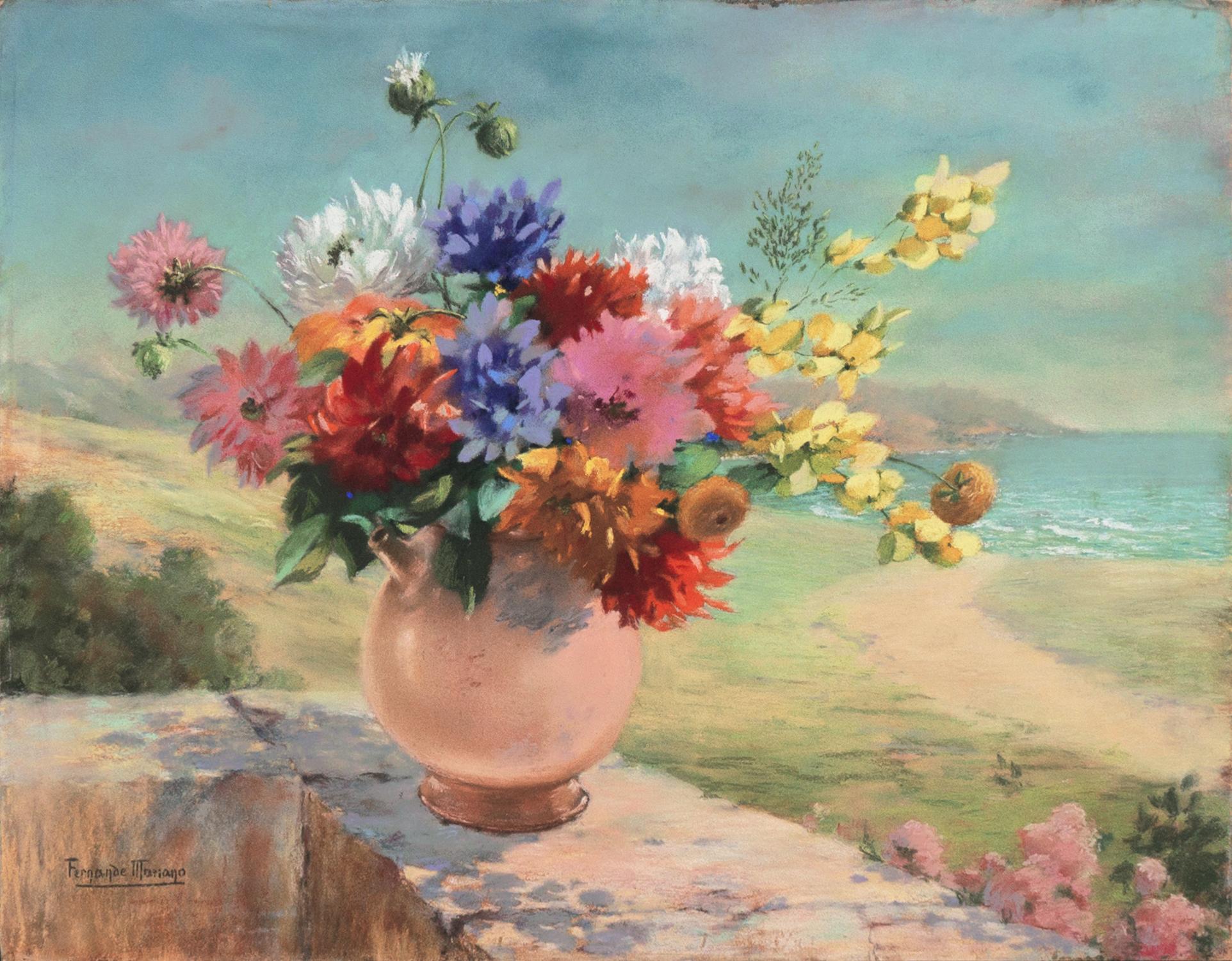 'Still Life by the Beach' Dahlia, Daisies, Mums, Chrysanthemum, Lodi  - Art by Fernande Mariano