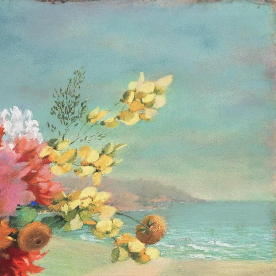 'Still Life by the Beach' Dahlia, Daisies, Mums, Chrysanthemum, Lodi  For Sale 2