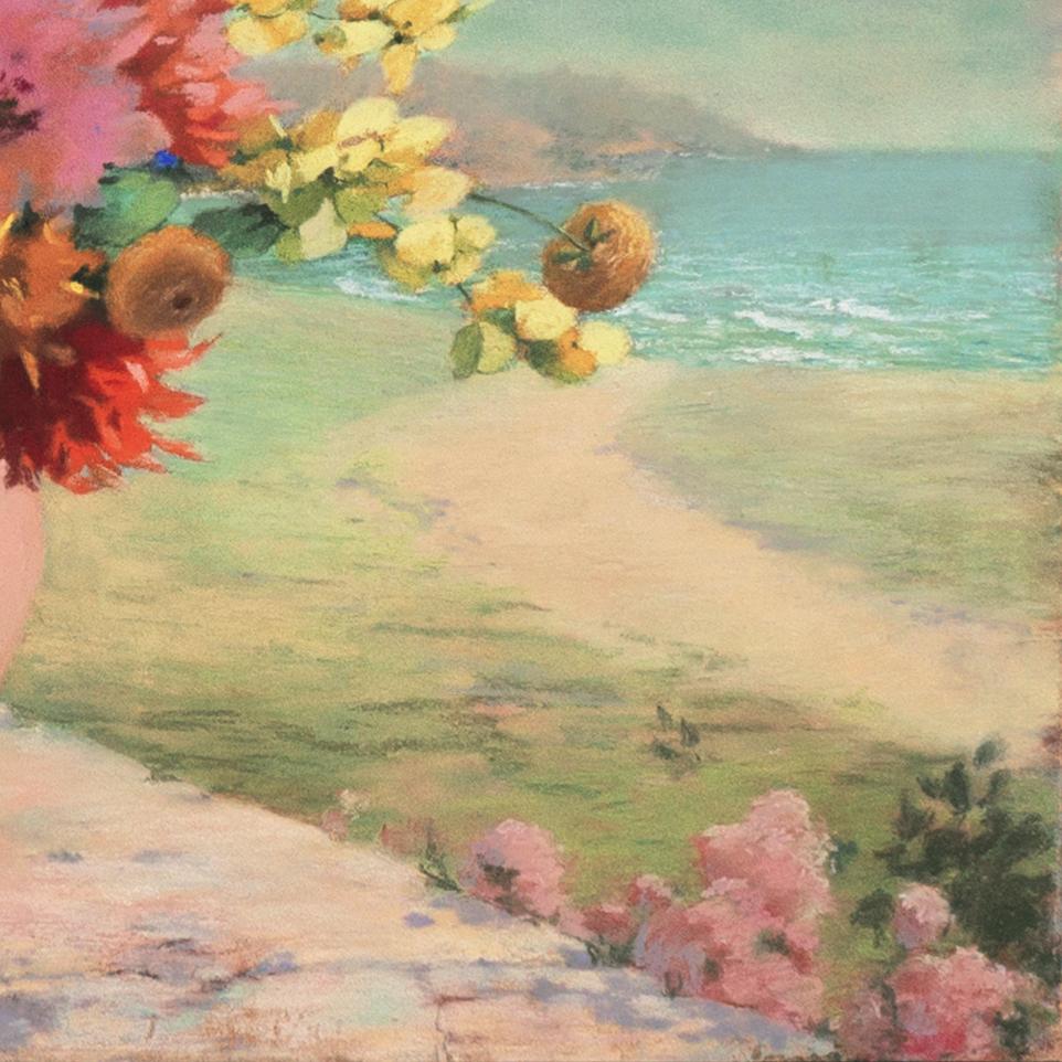 Ein helles und luftiges Stillleben, das eine Vielzahl von Frühlingsblumen zeigt, die informell in einer rosafarbenen Keramikvase arrangiert sind, die auf einem Steinsims steht und einen Panoramablick auf das Meer und die fernen Hügel bietet.