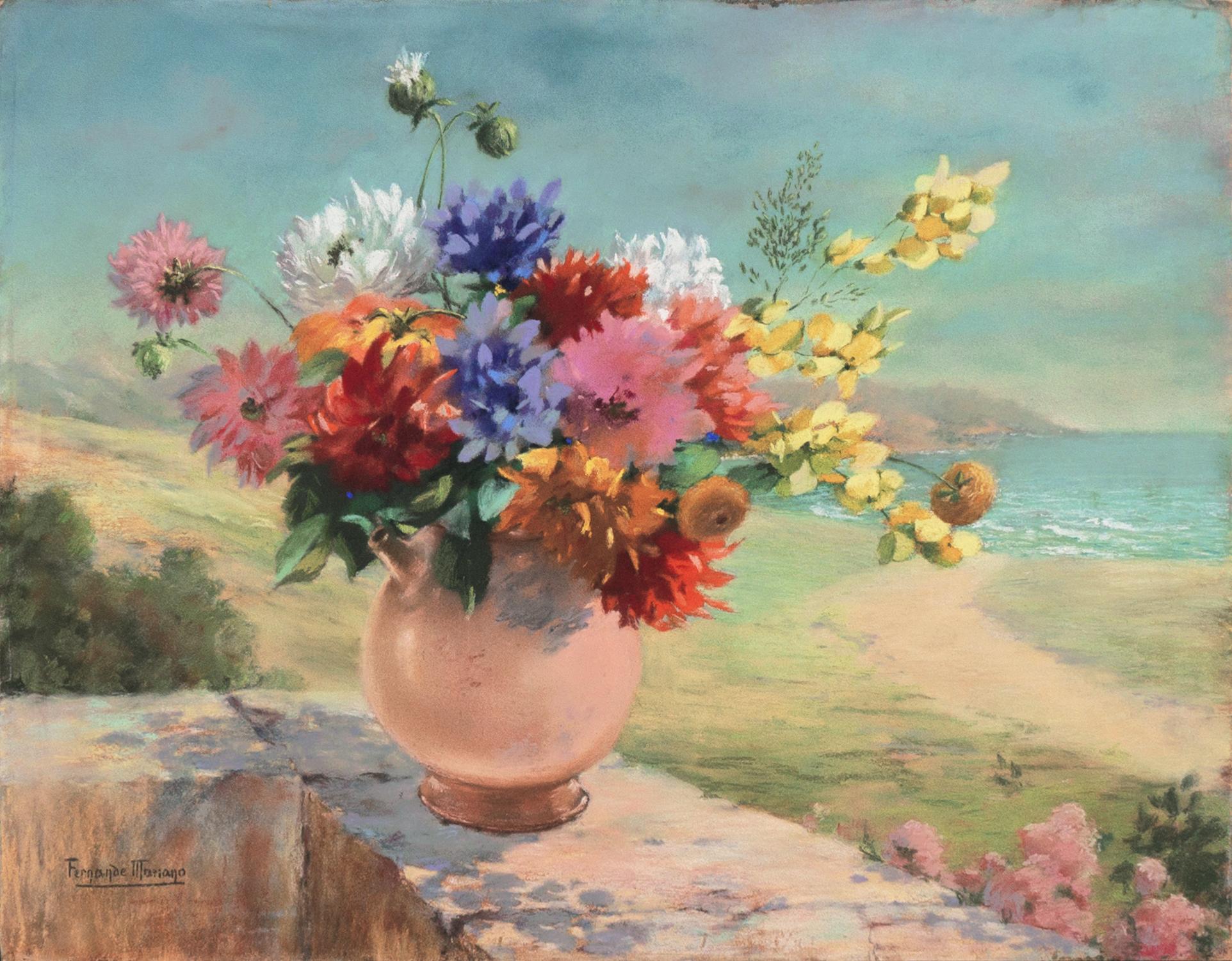 „Stillleben am Strand“ Dahlia, Daisies, Mums, Chrysantheme, Lodi – Art von Fernande Mariano