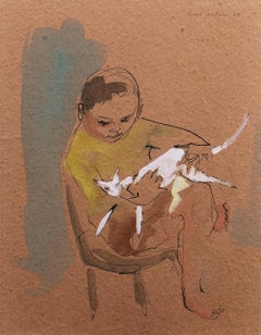 Vintage 'Boy with a White Cat', Philadelphia Woman Artist, Moore College of Art 