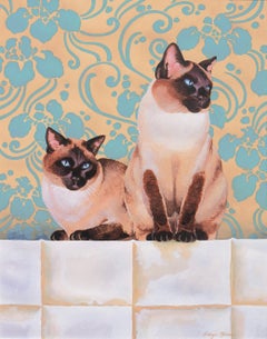 'Siamese Cats', Feline Portrait, Embroidery artist, Shorebird Studio, Watercolor