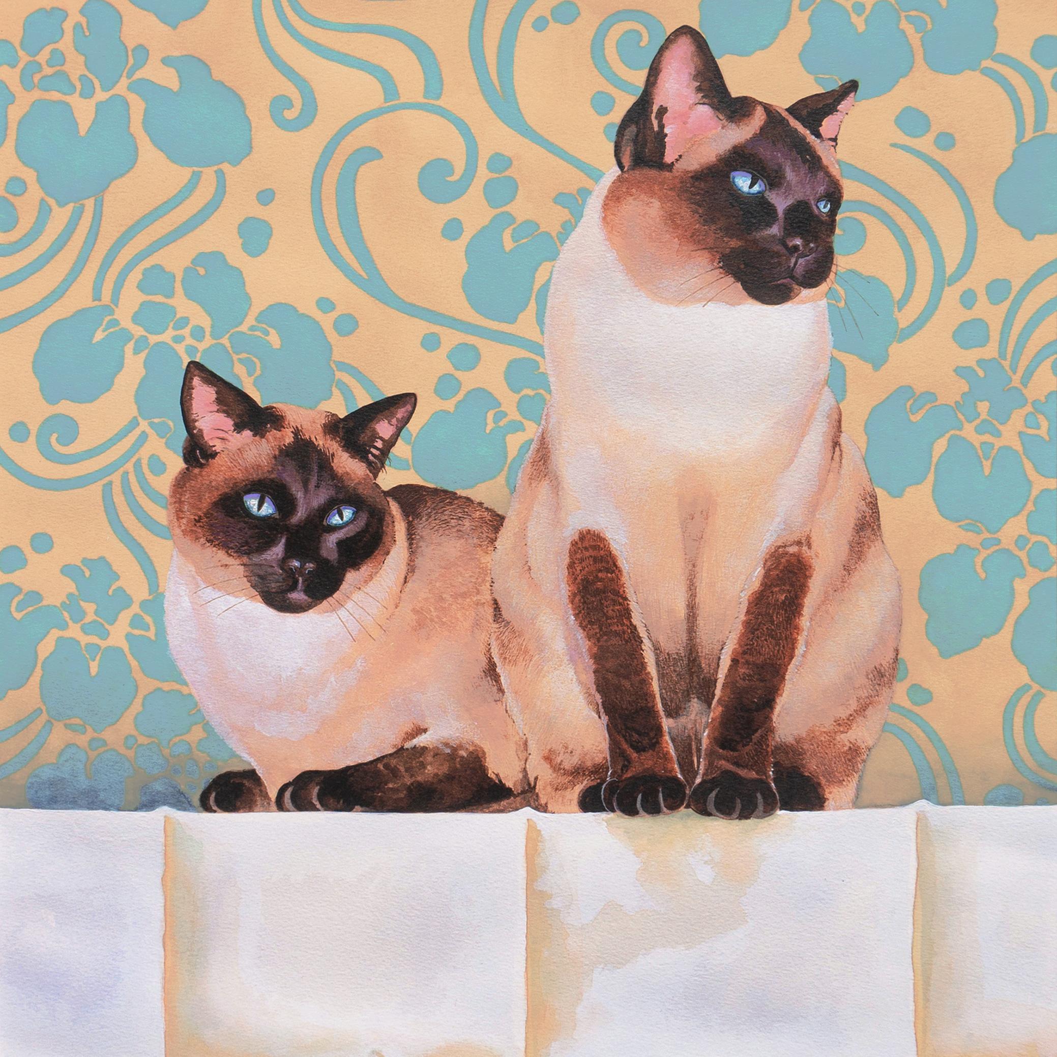 « Sease Cats », portrait de Feline, artiste brodeuse, Shorebird Studio, aquarelle - Beige Animal Art par Kathryn Molineux Wilson