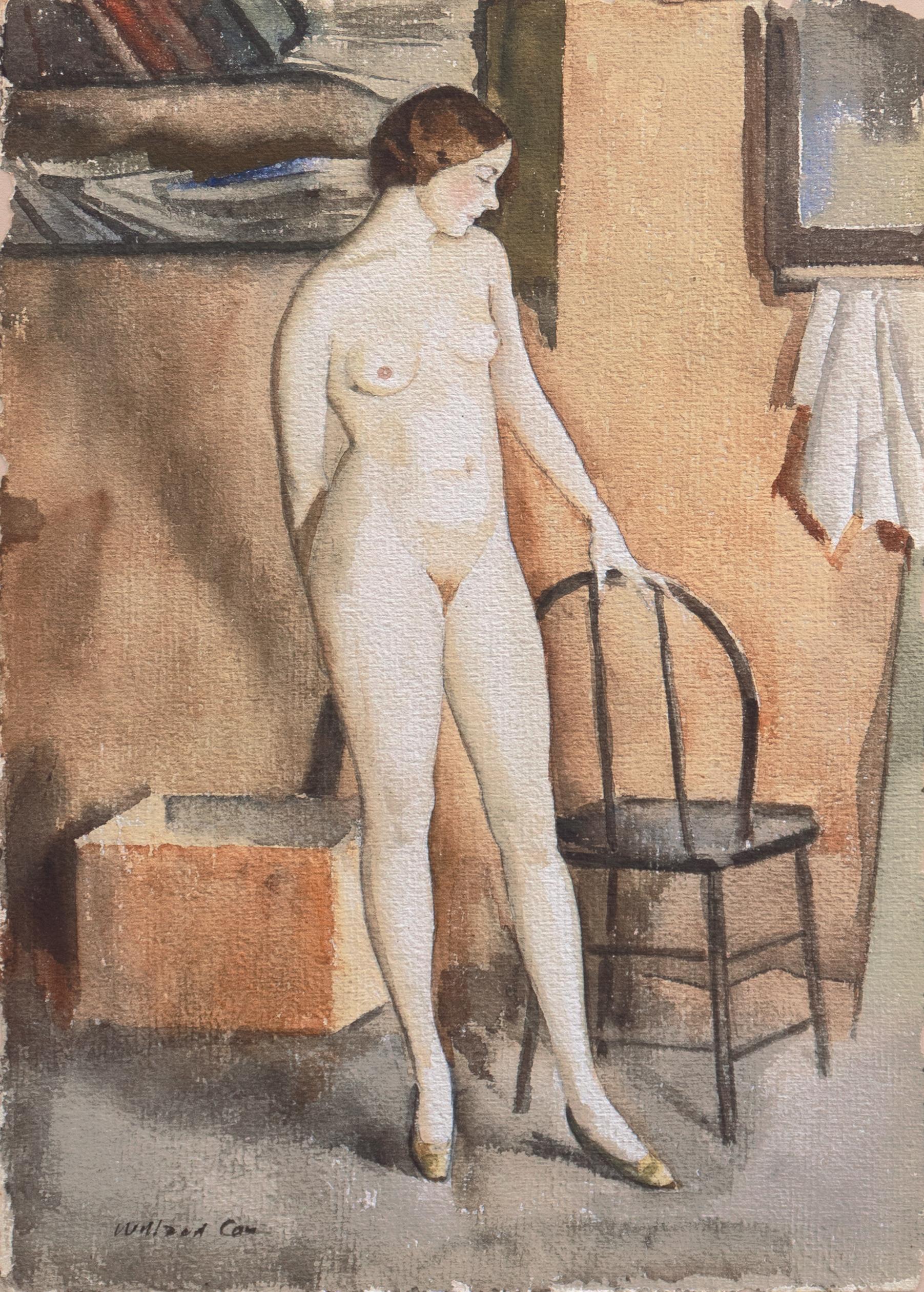 Signiert unten links: "Willard Cox" (Amerikaner, 1902-1974), gemalt um 1935.
Abmessungen der Tafel: 18,75 x 12,5 Zoll.

Ein elegantes, figurales Aquarell aus der Zeit des Art déco, das eine junge Frau mit hochgestecktem Haar zeigt, die sich mit der