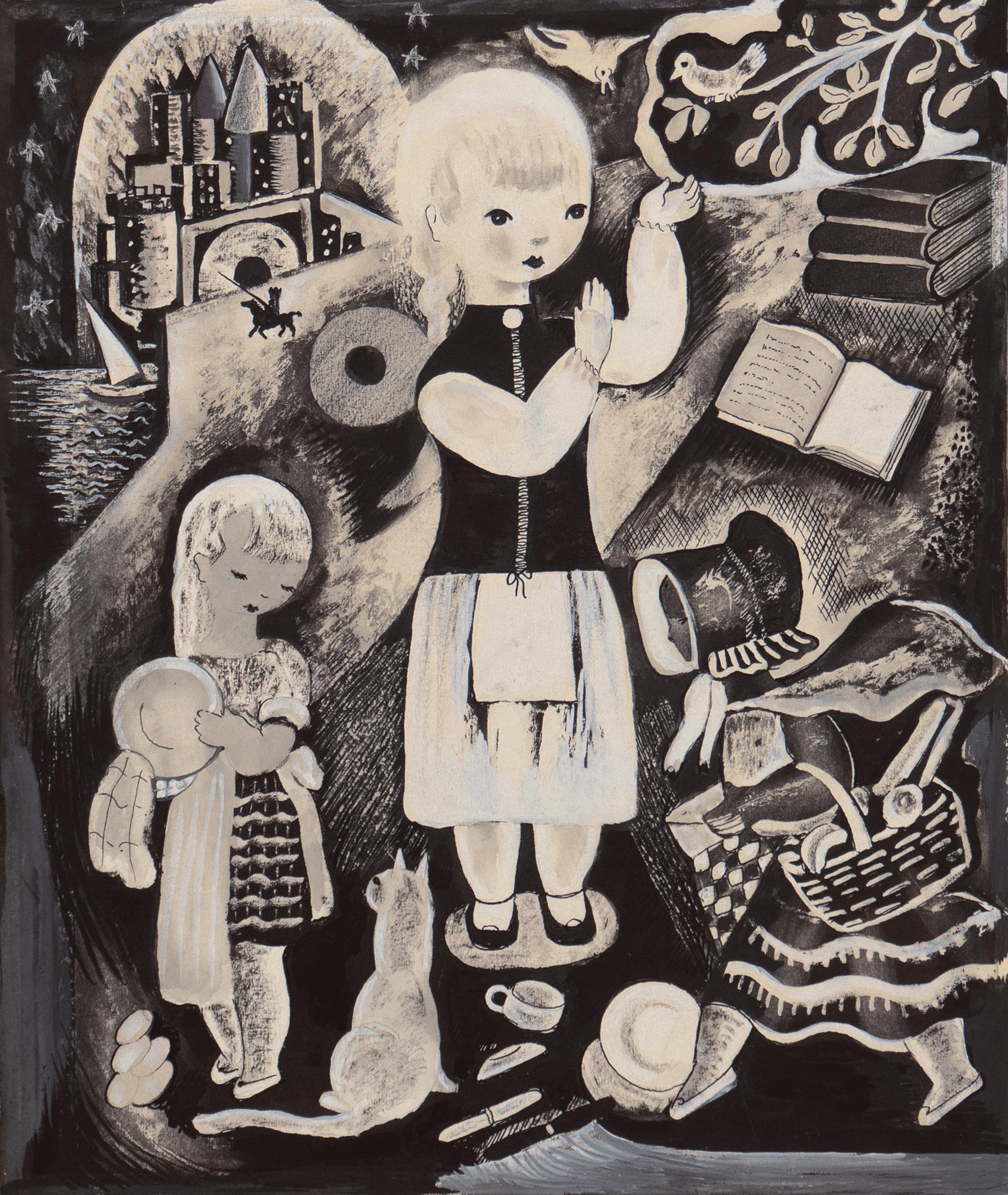 Peint par Nura Woodson Ulreich (américaine, 1899-1950) comme illustration pleine page pour le livre "The Buttermilk Tree", vers 1935. Un exemple rare de plume, d'encre et de gouache pleinement développées par ce remarquable artiste de l'Art déco et