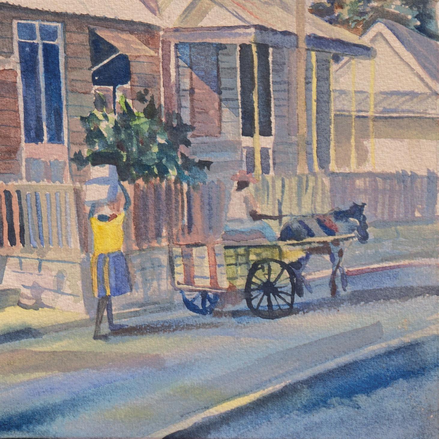'Mekkin' Home Time', vie d'île des Caraïbes, artiste Barbadien, Barbade - Gris Landscape Art par Neville Legall
