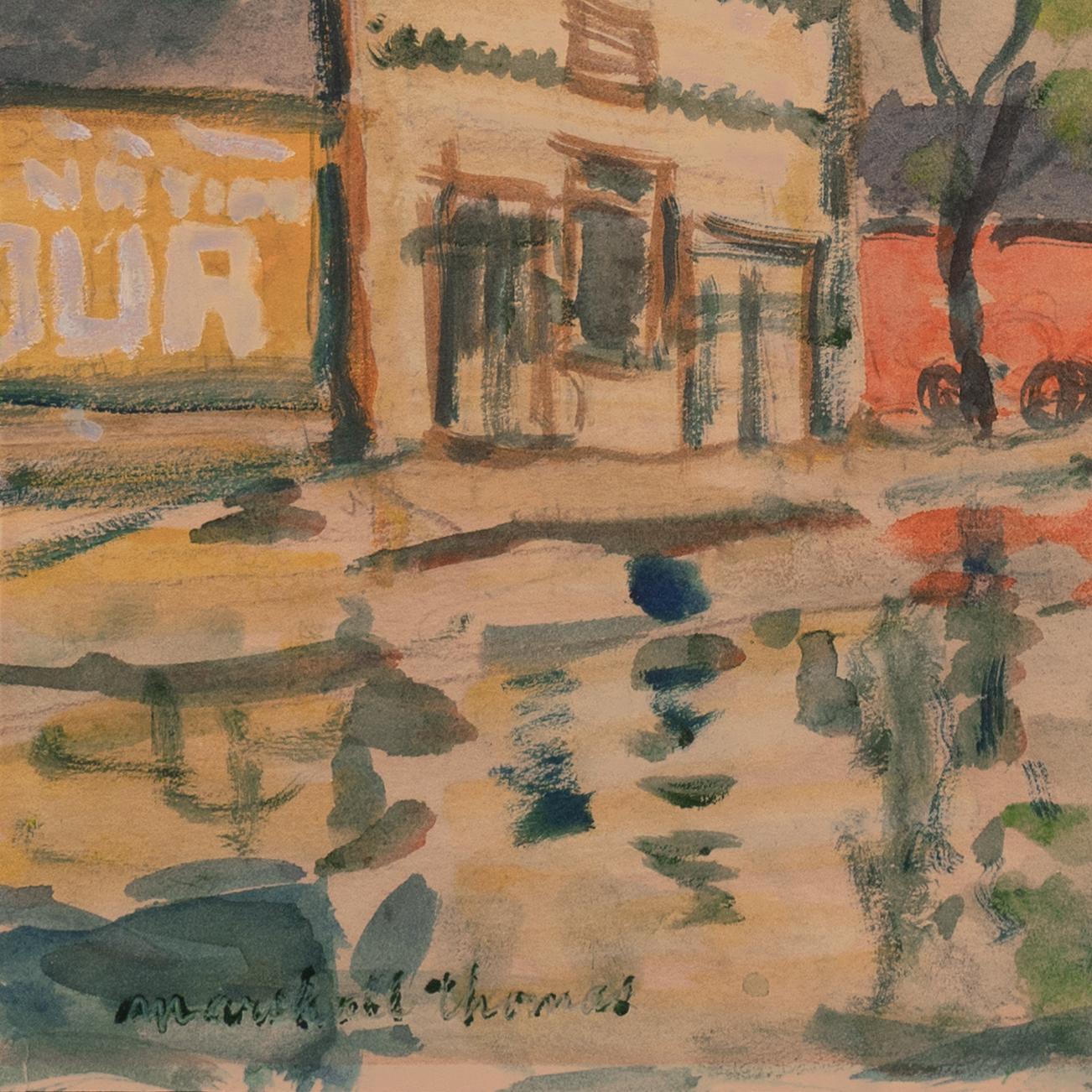 'Rainy Day, Pool and Billiards', Laguna Beach Art Association, Solvang, Moure - Brown Landscape Art by Marshall Thomas