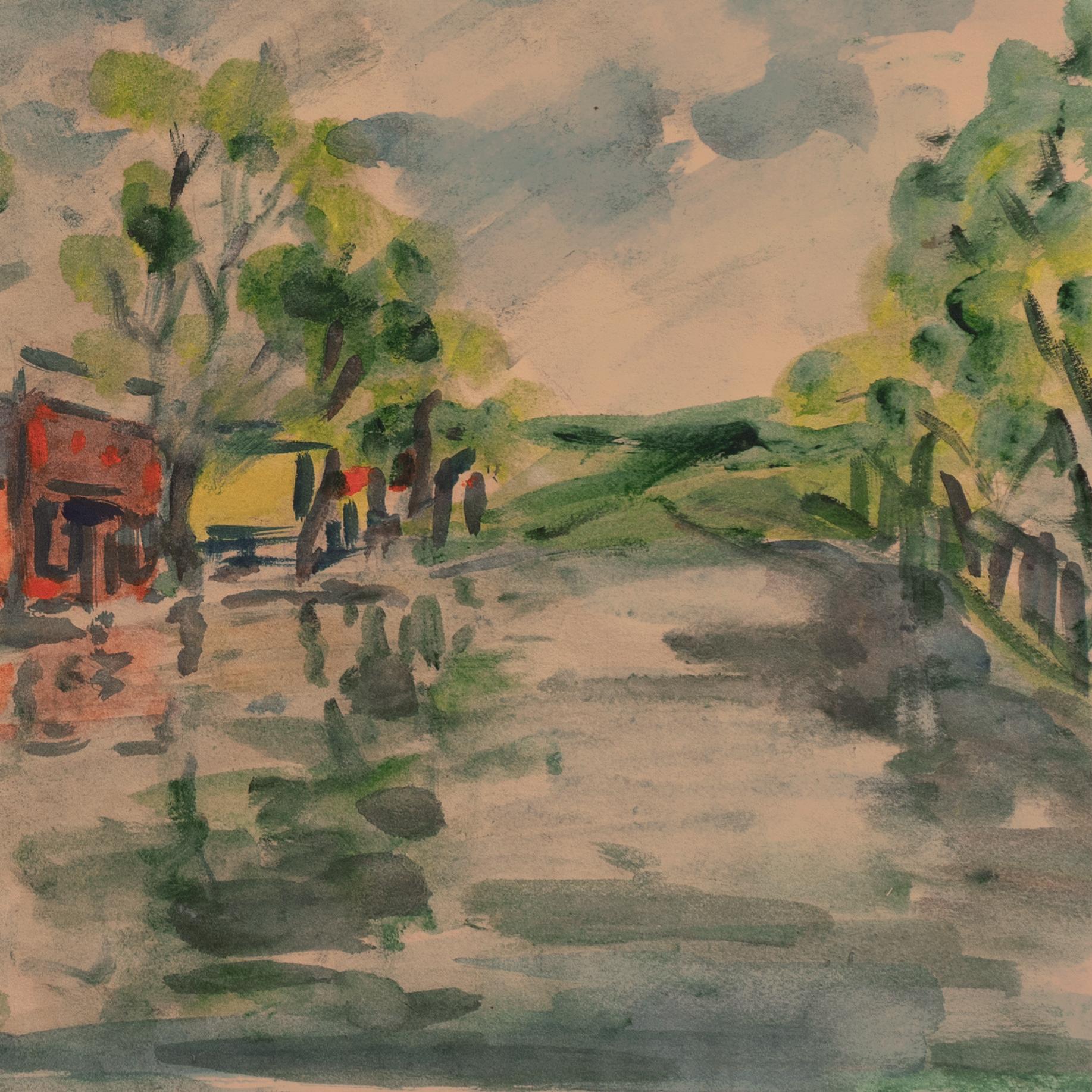 Signed lower left, 'Marshall Thomas' for Marshall F. Thomas, (American, 1916-2011), and painted circa 1945.

An elegantly composed and atmospheric view of a California Main Street shimmering in the rain.

Born in Waukesha County, Wisconsin, Marshall