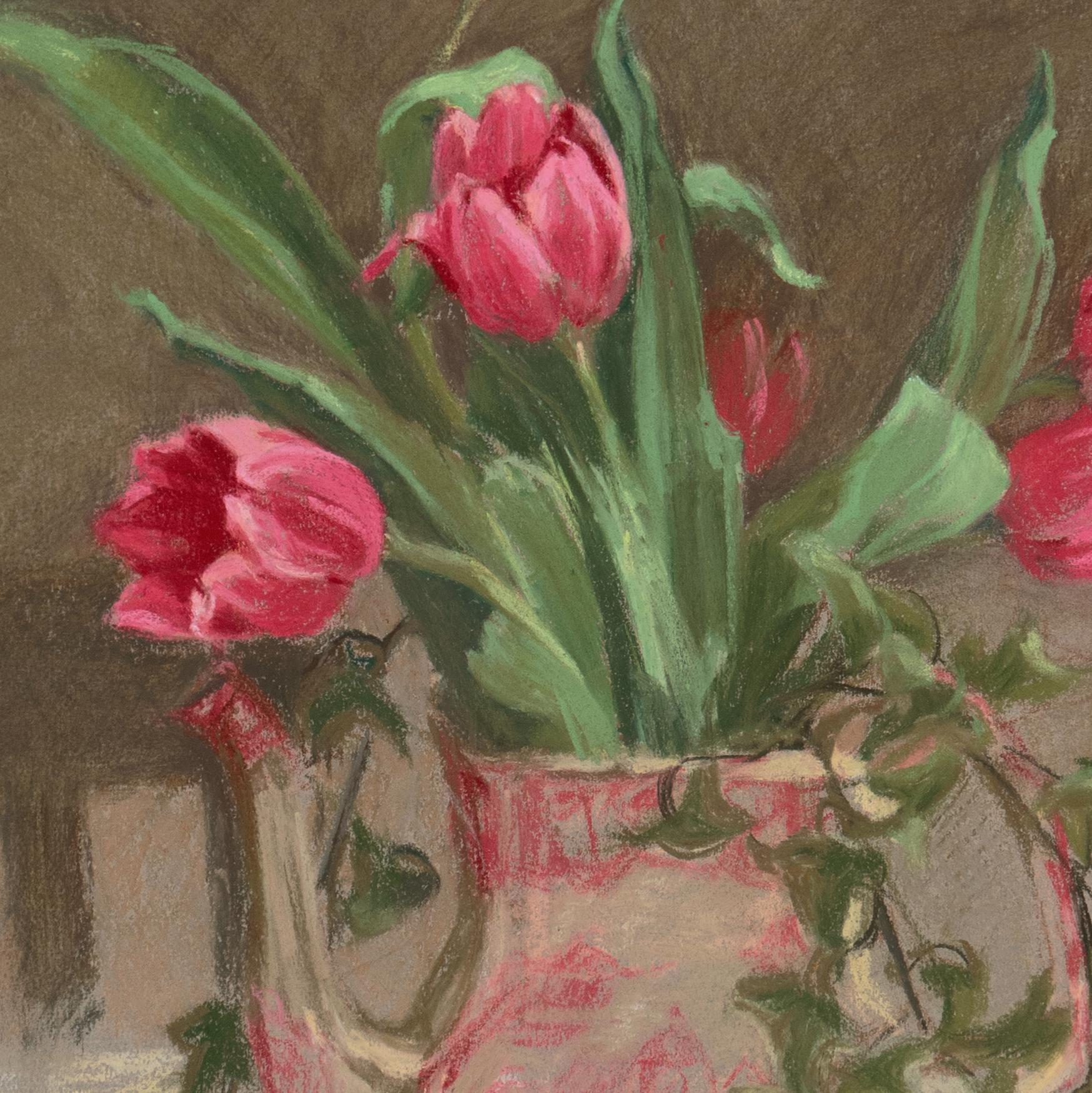 A finely-drawn, pastel still-life showing red tulips informally arranged in a Chelsea soft paste porcelain Chocolate pot decorated in the Japanese style and set beside a cup and saucer of similar design, all resting on a tablecloth of hand-made