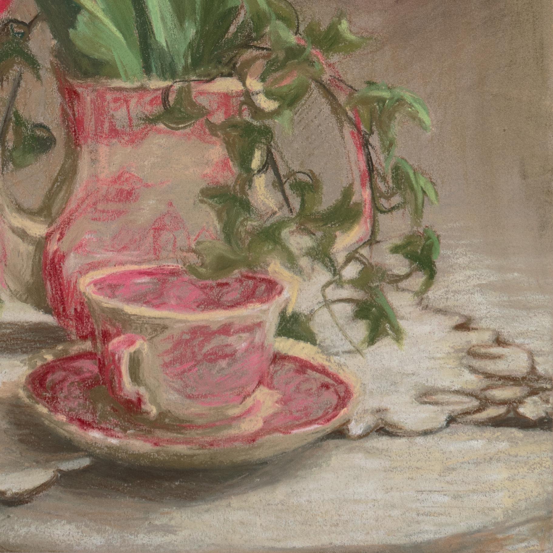 'Still Life, Red Tulips with Japanese Porcelain', Belgian Lace, Japonaiserie For Sale 1