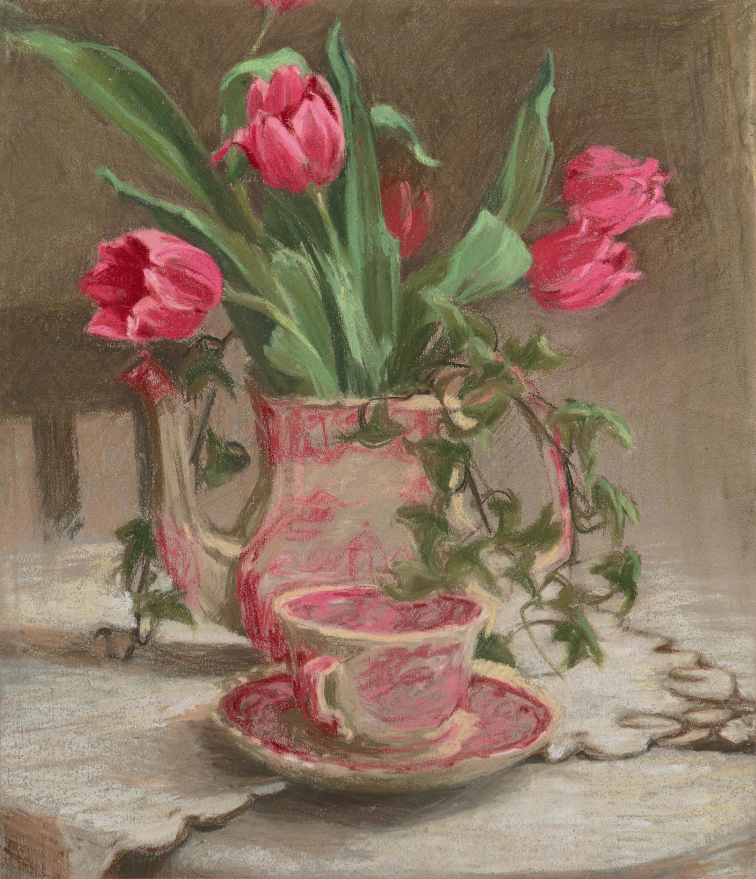 'Still Life, Red Tulips with Japanese Porcelain', Belgian Lace, Japonaiserie - Art by 19th Century French School