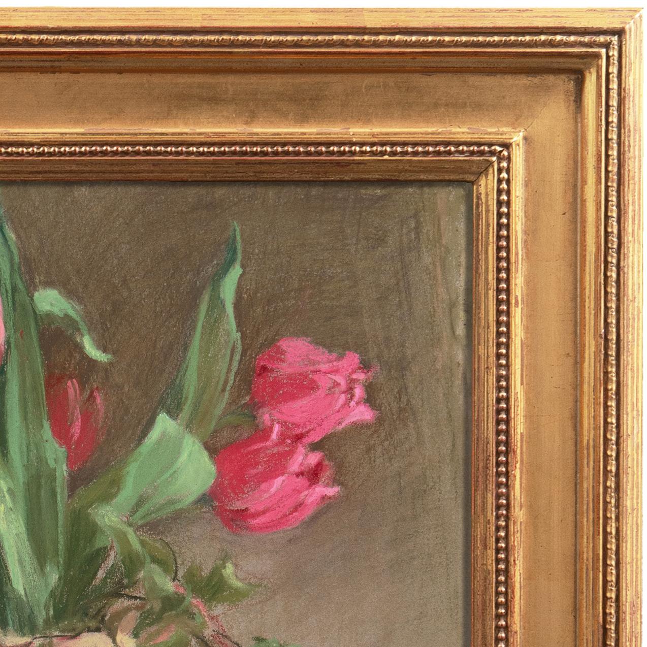 'Still Life, Red Tulips with Japanese Porcelain', Belgian Lace, Japonaiserie - Academic Art by 19th Century French School