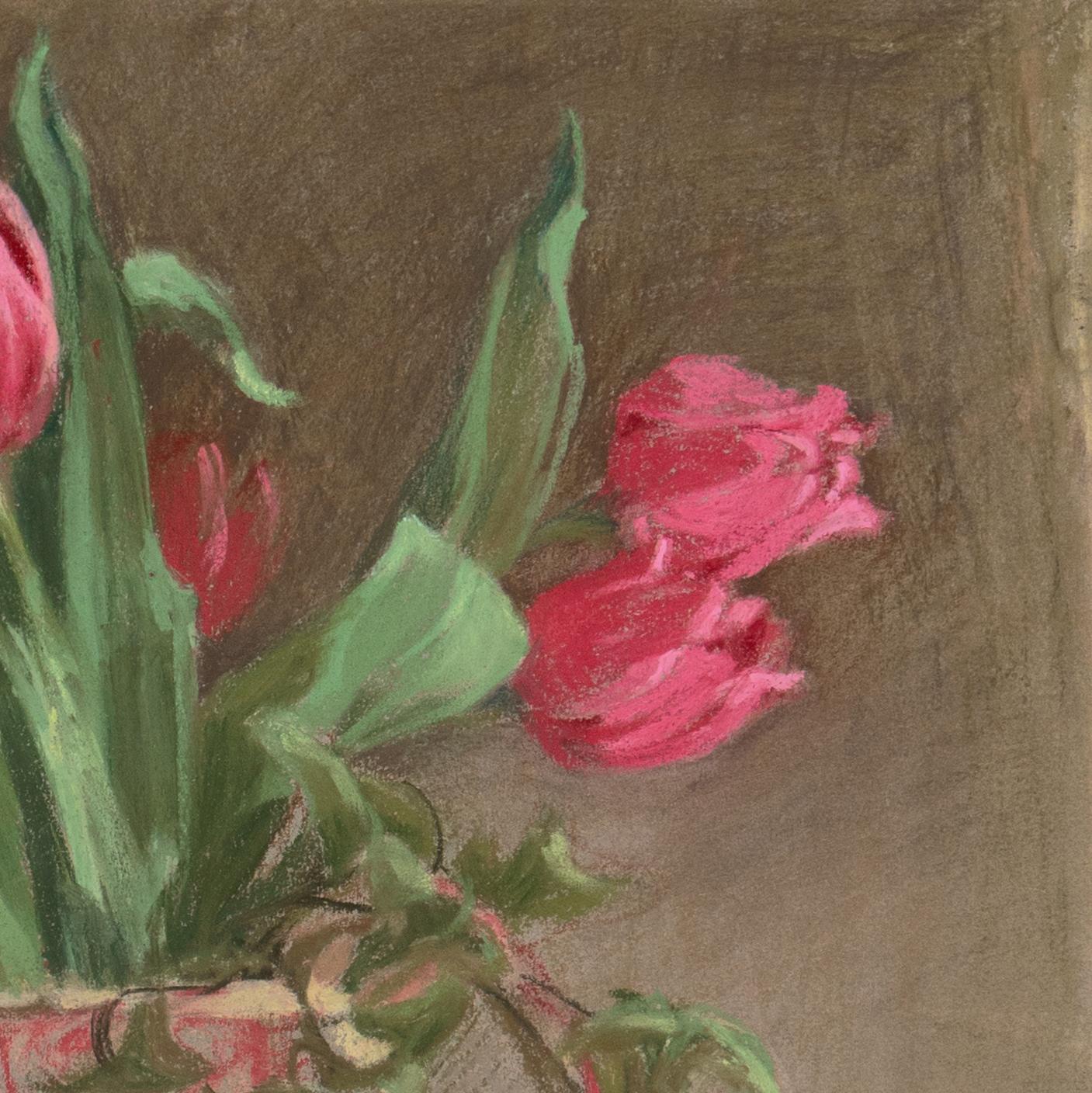 'Still Life, Red Tulips with Japanese Porcelain', Belgian Lace, Japonaiserie For Sale 5