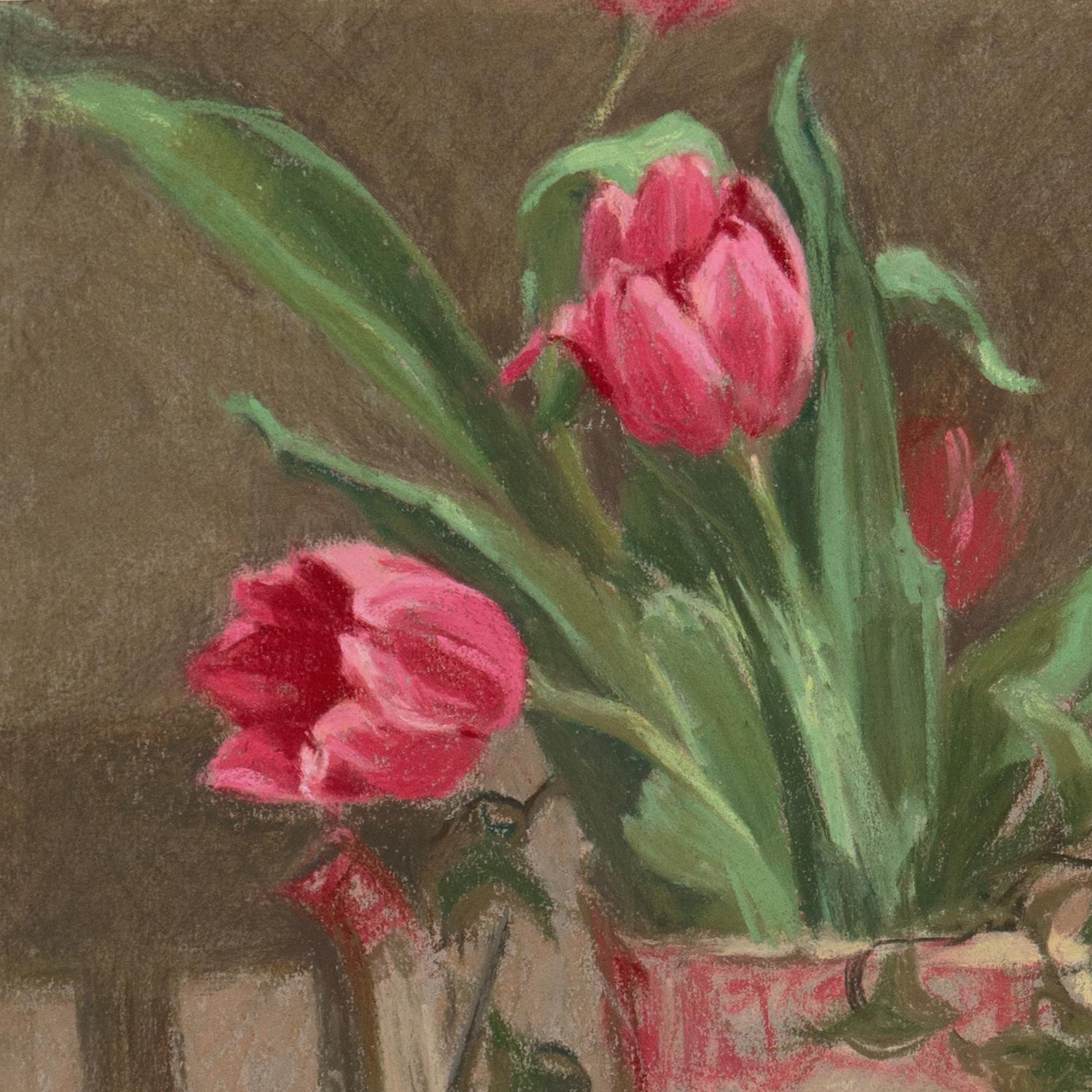 'Still Life, Red Tulips with Japanese Porcelain', Belgian Lace, Japonaiserie For Sale 2