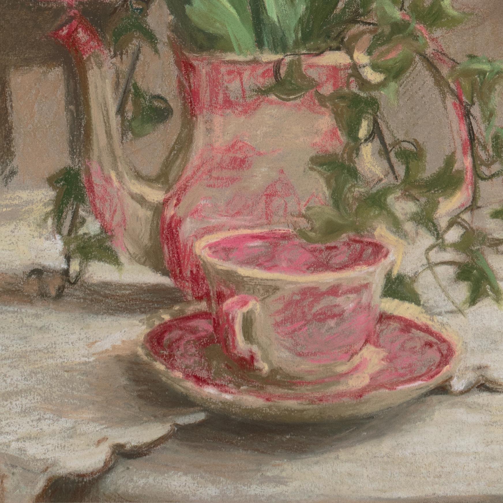 'Still Life, Red Tulips with Japanese Porcelain', Belgian Lace, Japonaiserie For Sale 4