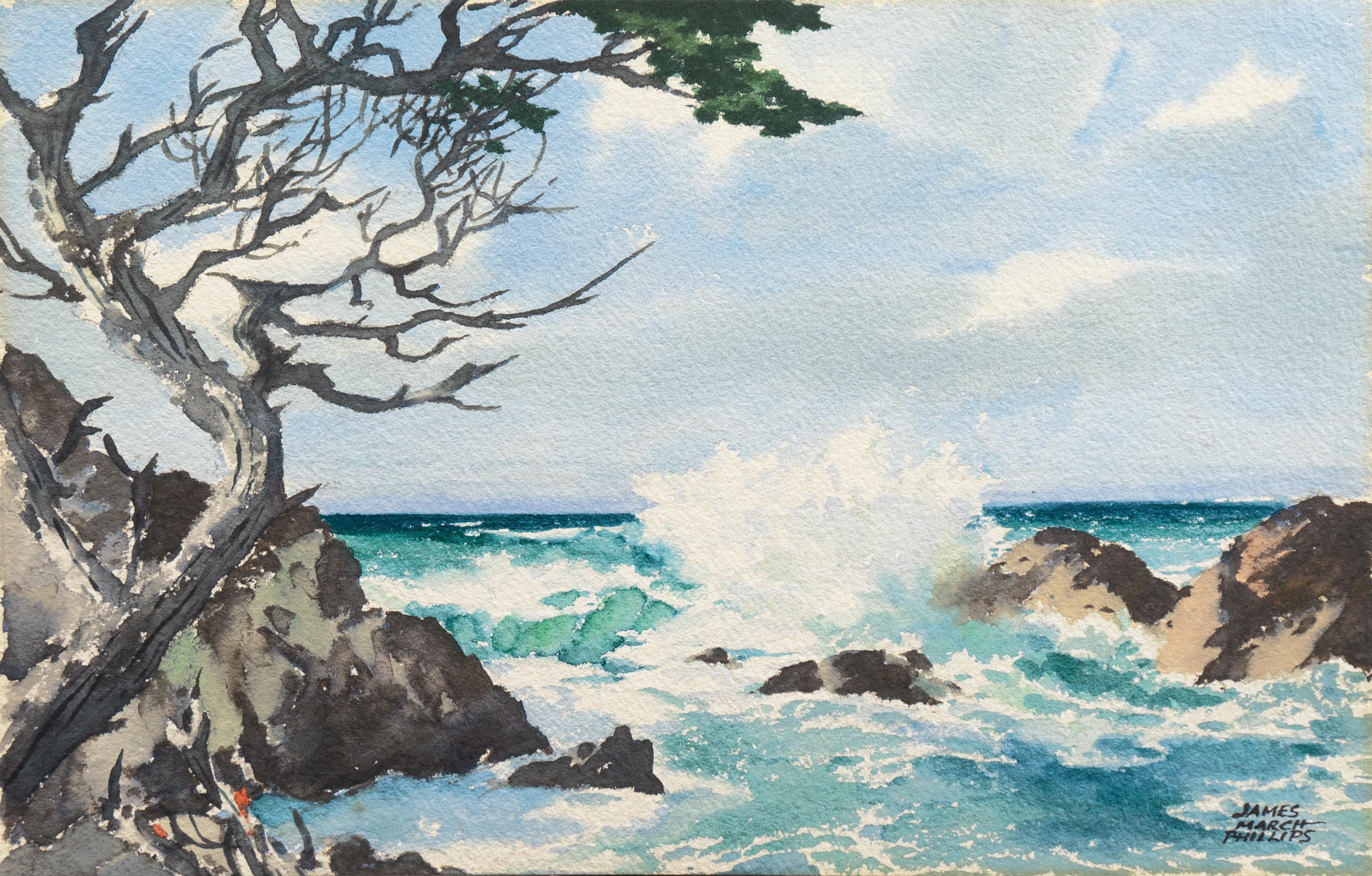 James March Phillips Landscape Art – „Lone Cypress“, Carmel Seascape, California Plein Air, Pebble Beach, Monterey