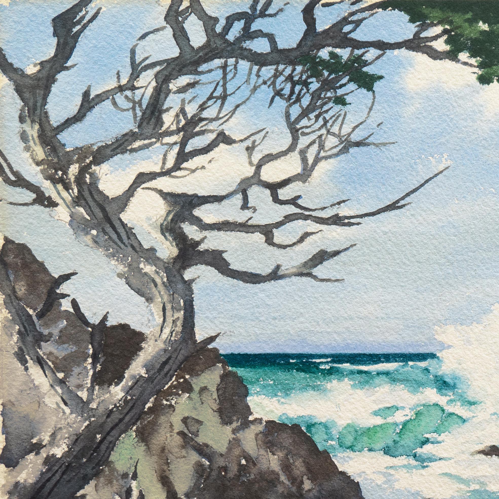 „Lone Cypress“, Carmel Seascape, California Plein Air, Pebble Beach, Monterey (Grau), Landscape Art, von James March Phillips