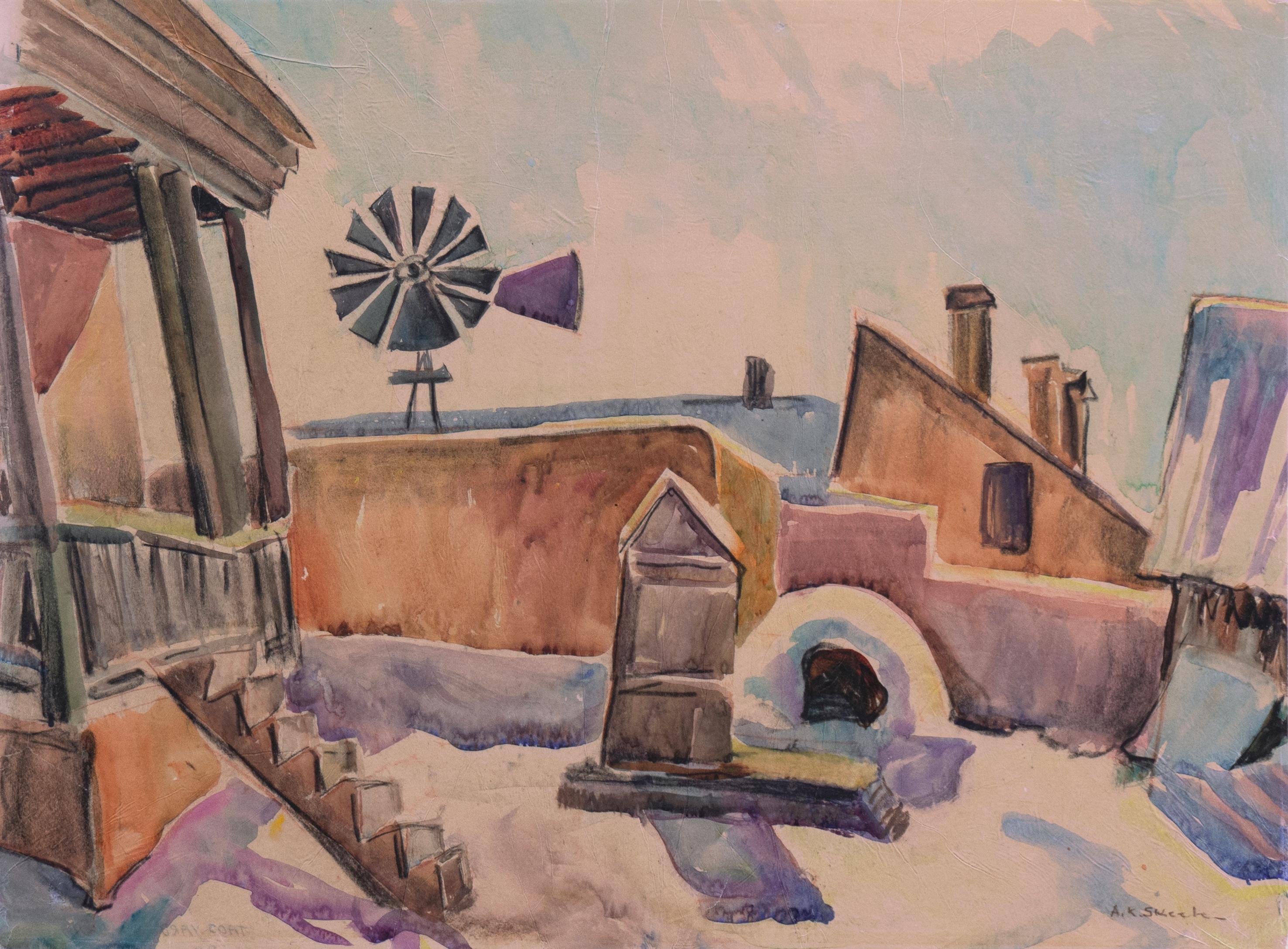 Landscape Art Anna Katharine Skeele - La cour de Taos",  The New Mexico, ASL NY, Paris, Ac.Chaumière, LACMA, Woman Artist, CSFA