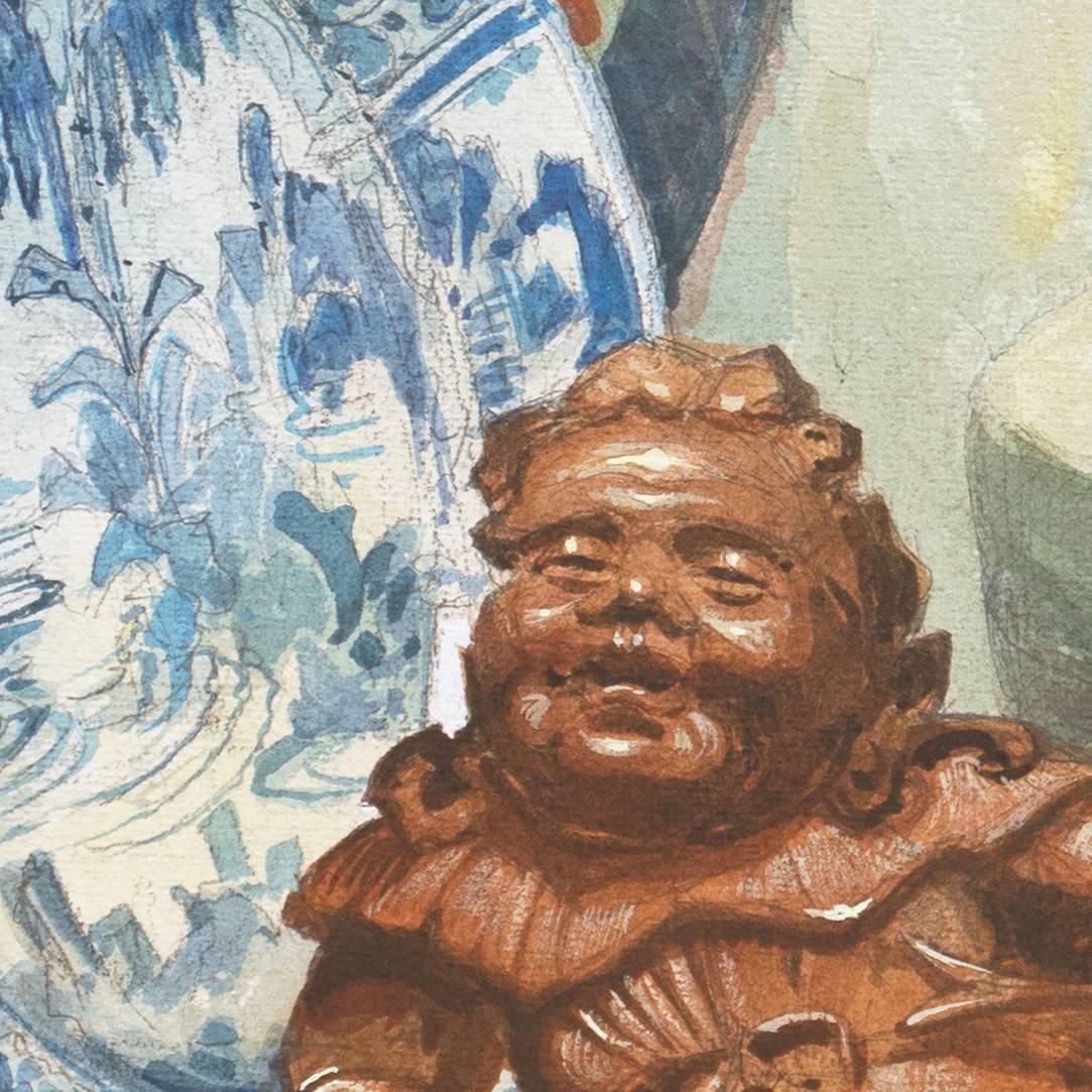 Nature morte avec sculpture, huile de l'école de La Haye, artiste néerlandais, Liu Haichan, taoïsme en vente 2