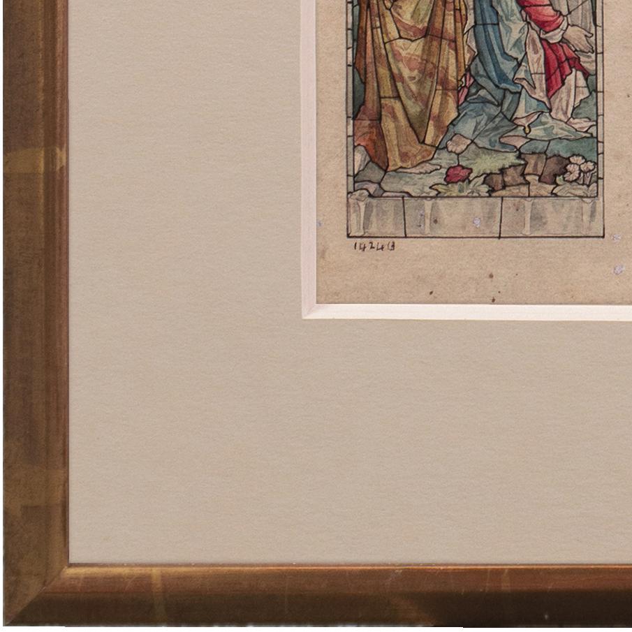 A sensitively drawn and highly-detailed study for a three-panel set of stained glass windows showing the ascension of Jesus by angels and mortals.

Initialed, lower right, 'EB-J', and designed, circa 1920, for Heaton, Butler and Bayne (from blind