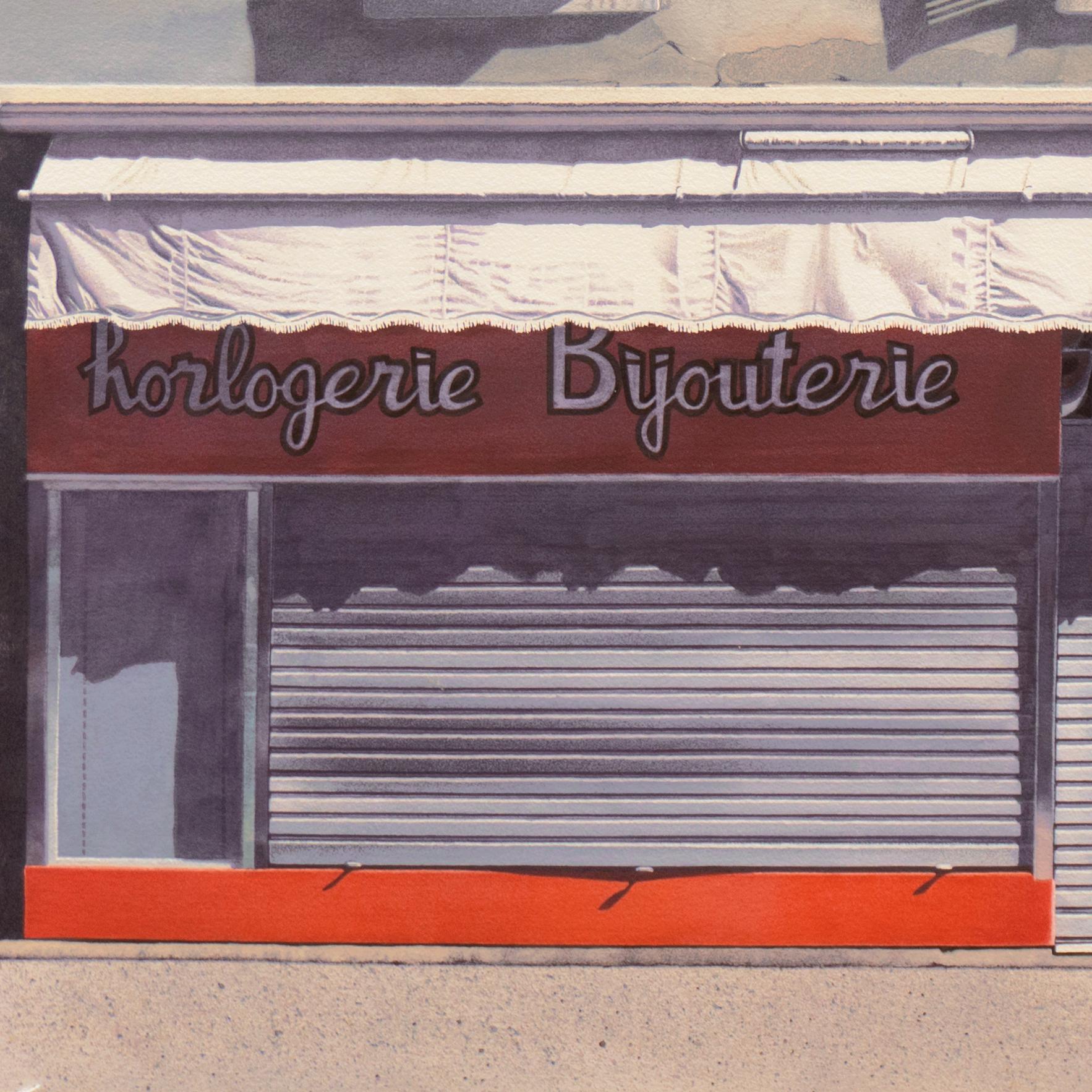 'Bijouterie, Tulle, France', Village français, Boise, Société nationale d'aquarelle - Gris Landscape Art par Evelyne Brigeois