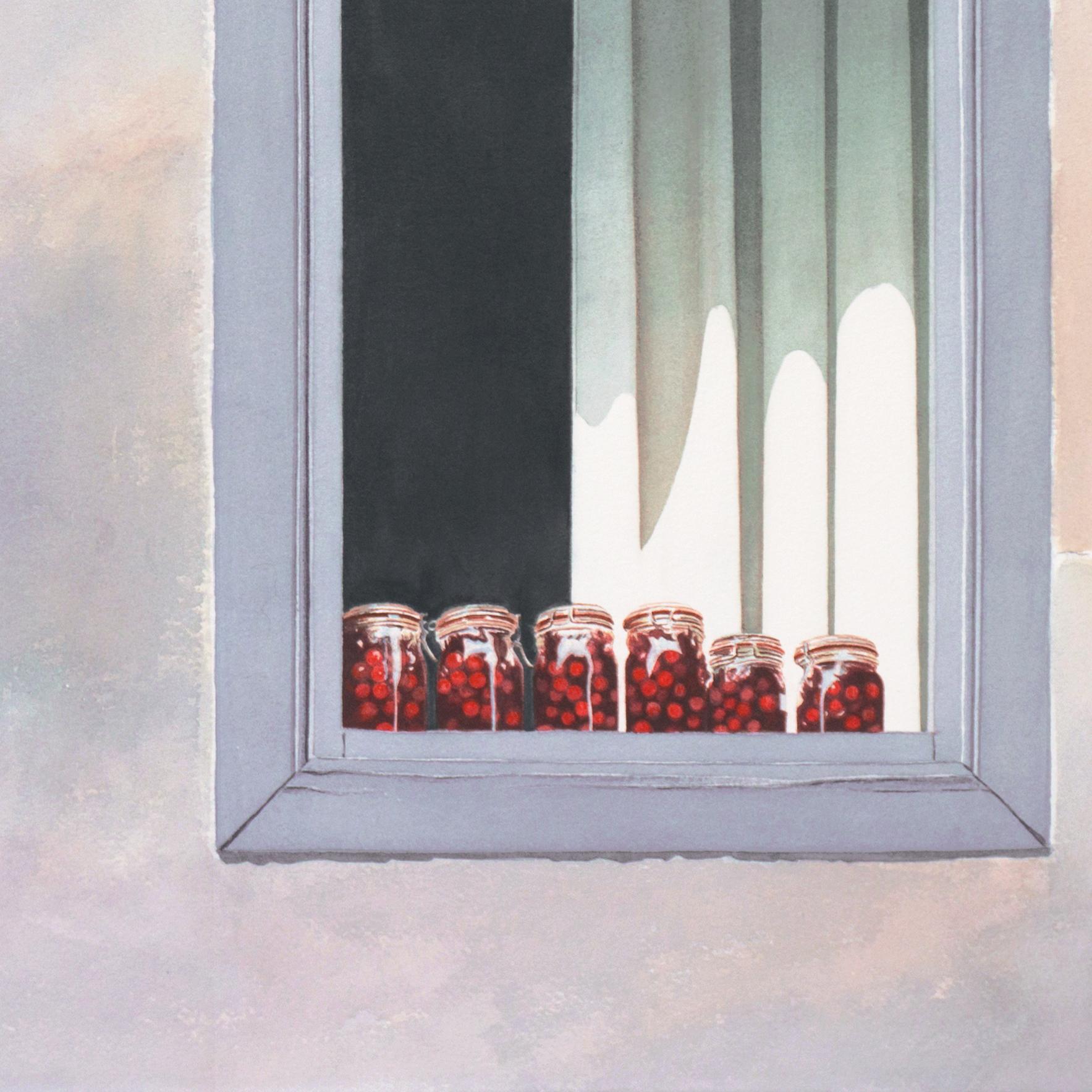 Signed lower right, 'E. Brigeois' for Evelyne Brigeois (French, 1946-2016) and dated 19868; additionally titled, verso, 'Hydra, the Cherries'.

A view of a townhouse window on the Greek island of Hydra showing a sunlit row of jars filled with