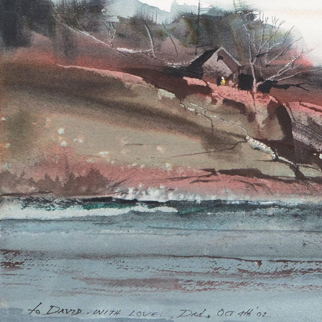 A substantial watercolor on Arches paper showing a house nestled on a bluff overlooking the variegated blue-grey waters of the Atlantic Ocean.

Signed lower right, 