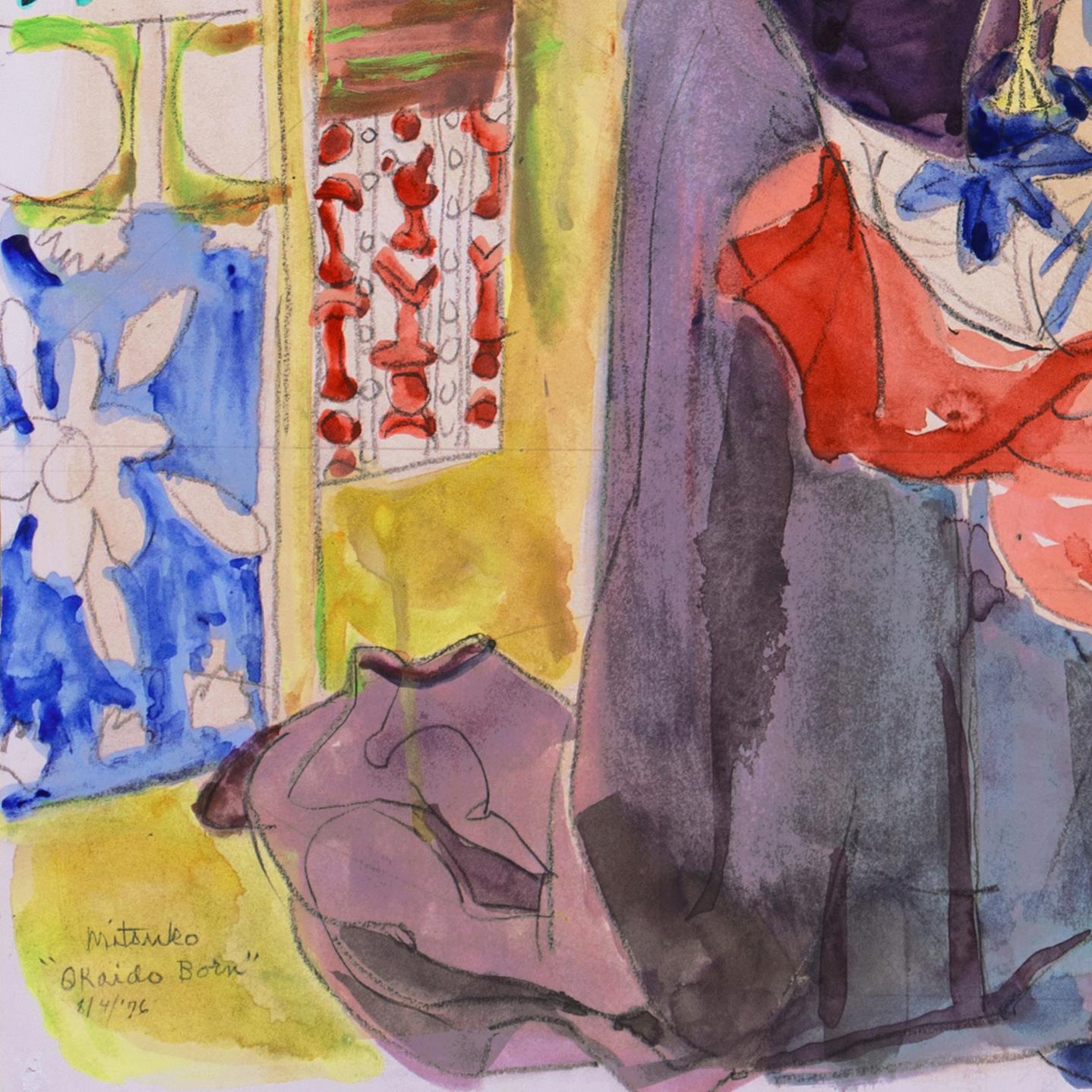 'Out of Hokkaido', Carmel Art Association Exhibit, Japanese portrait, Kimono - Brown Portrait by Virginia Conroy