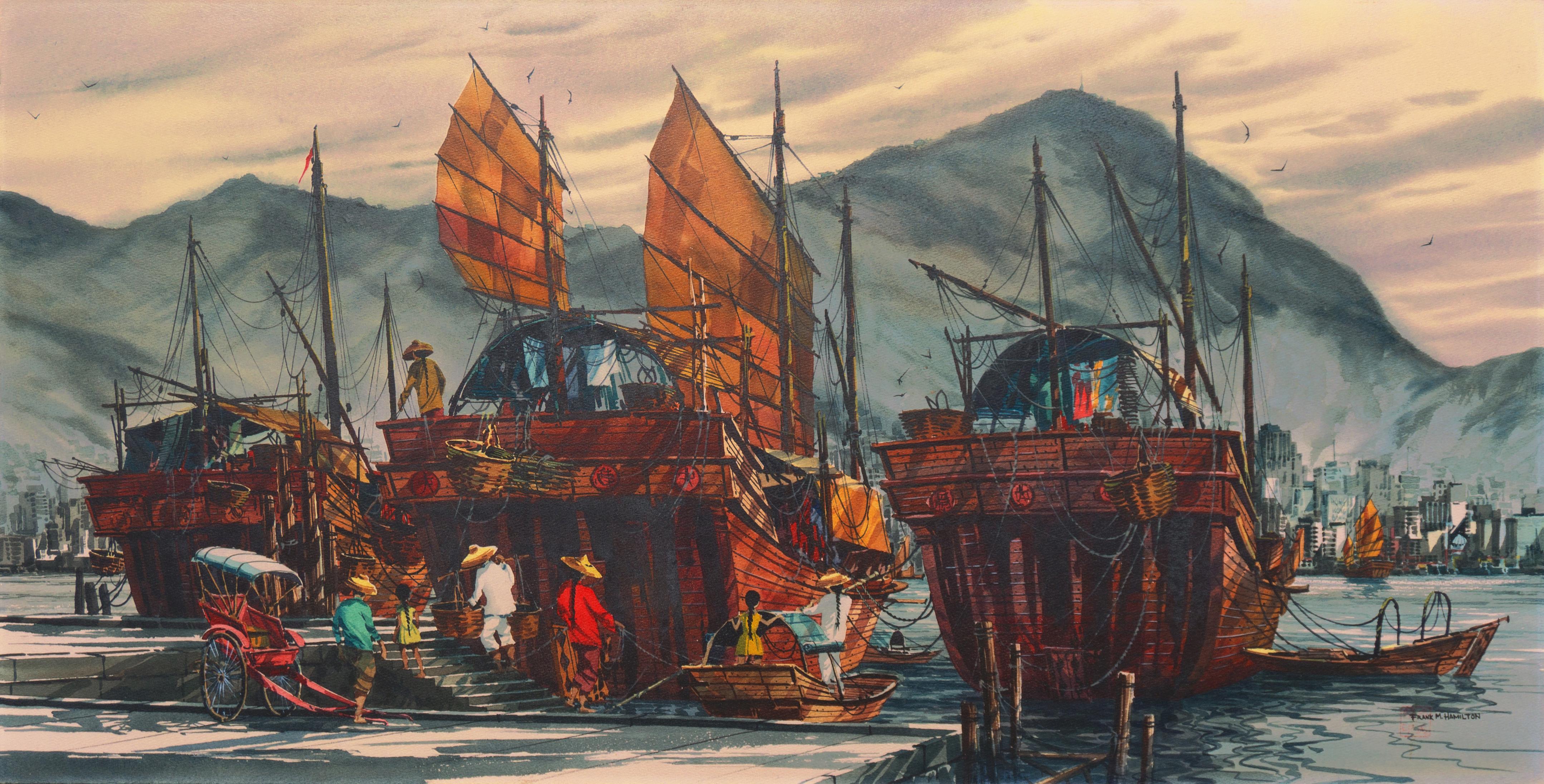 Figurative Art Frank M. Hamilton - « Junks in Hong Kong Harbor », Kowloon, Bank, California Watercolor Society, SFAI