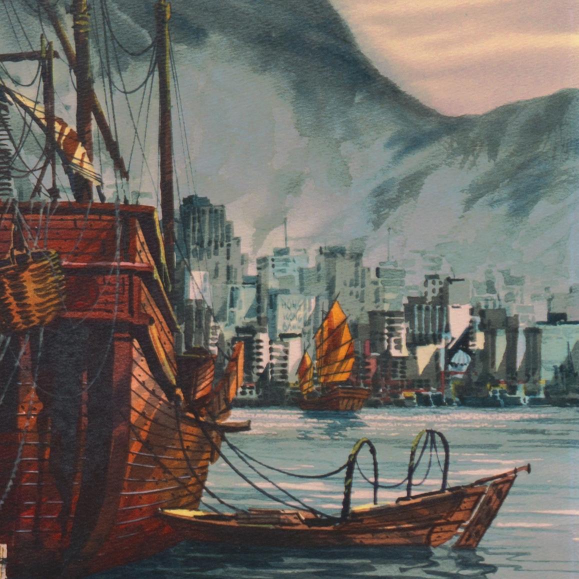 « Junks in Hong Kong Harbor », Kowloon, Bank, California Watercolor Society, SFAI - Moderne Art par Frank M. Hamilton