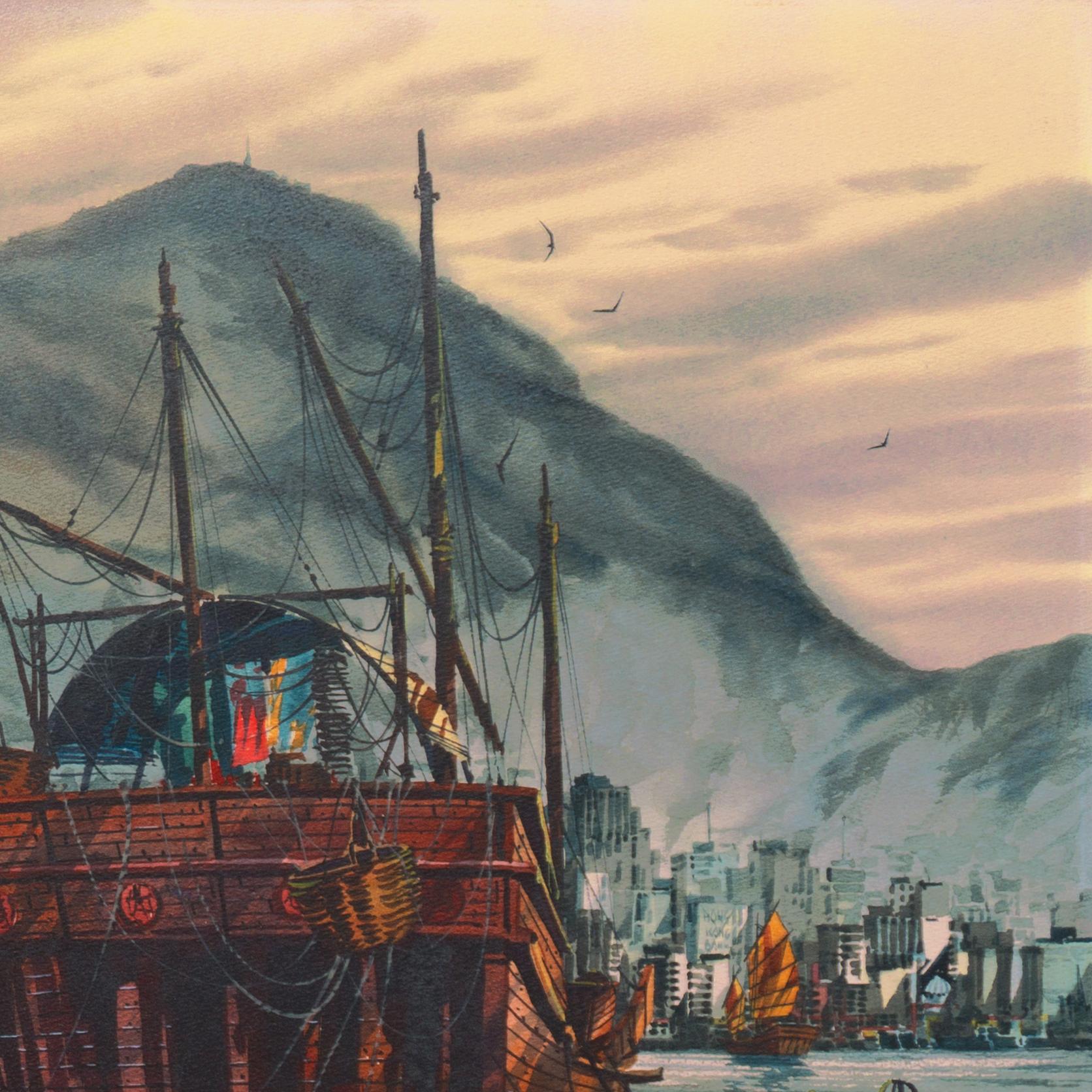 « Junks in Hong Kong Harbor », Kowloon, Bank, California Watercolor Society, SFAI - Gris Figurative Art par Frank M. Hamilton