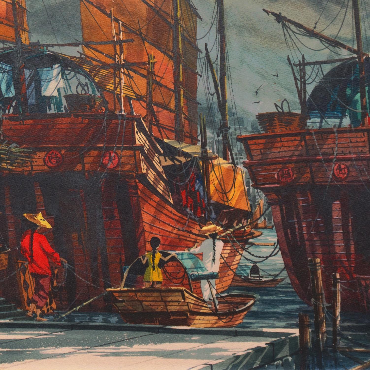 « Junks in Hong Kong Harbor », Kowloon, Bank, California Watercolor Society, SFAI en vente 2