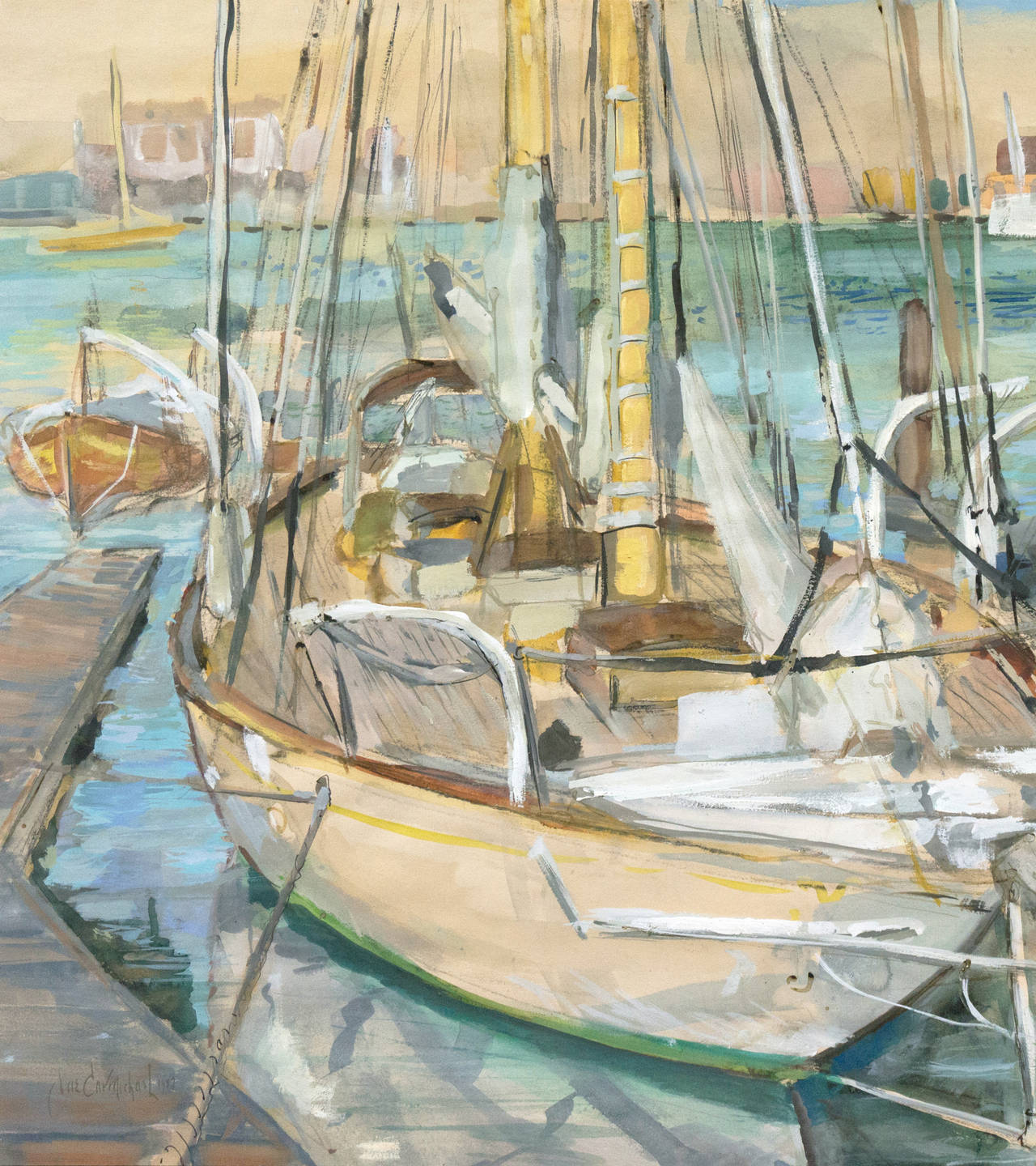 'Sailing Boat in Harbor', SFMOMA, Woman Artist, California Post-Impressionist - Gray Landscape Art by Jae Carmichael