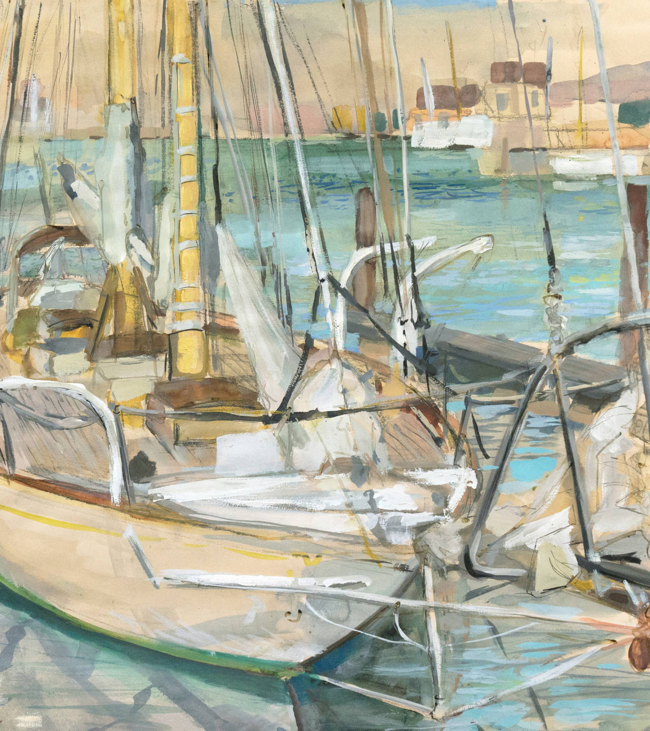 An attractive mid-century coastal scene showing a sailing boat resting in a calm berth on turquoise waters.

Signed lower left 