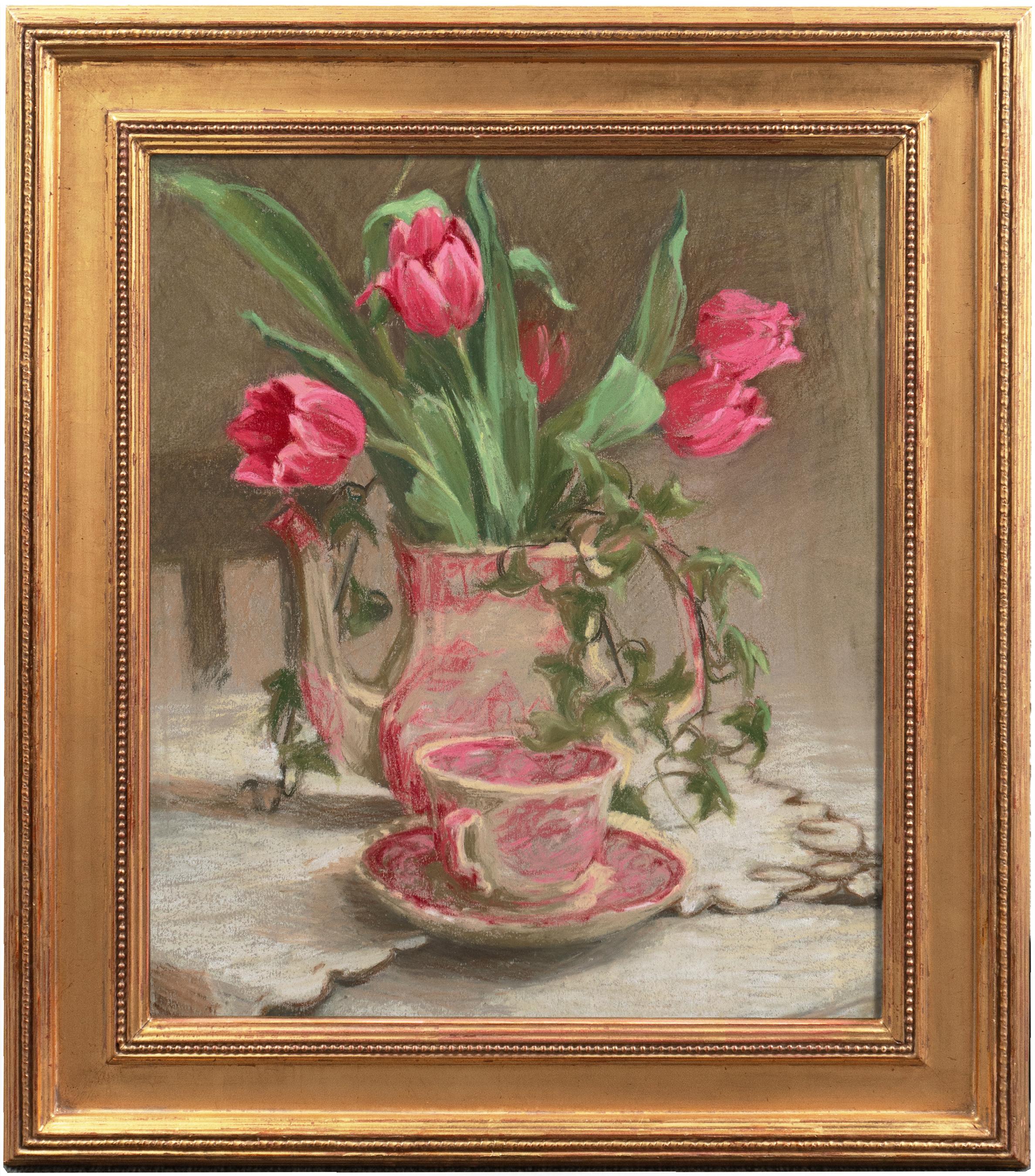 19th Century French School Still-Life - 'Still Life, Red Tulips with Japanese Porcelain', Belgian Lace, Japonaiserie